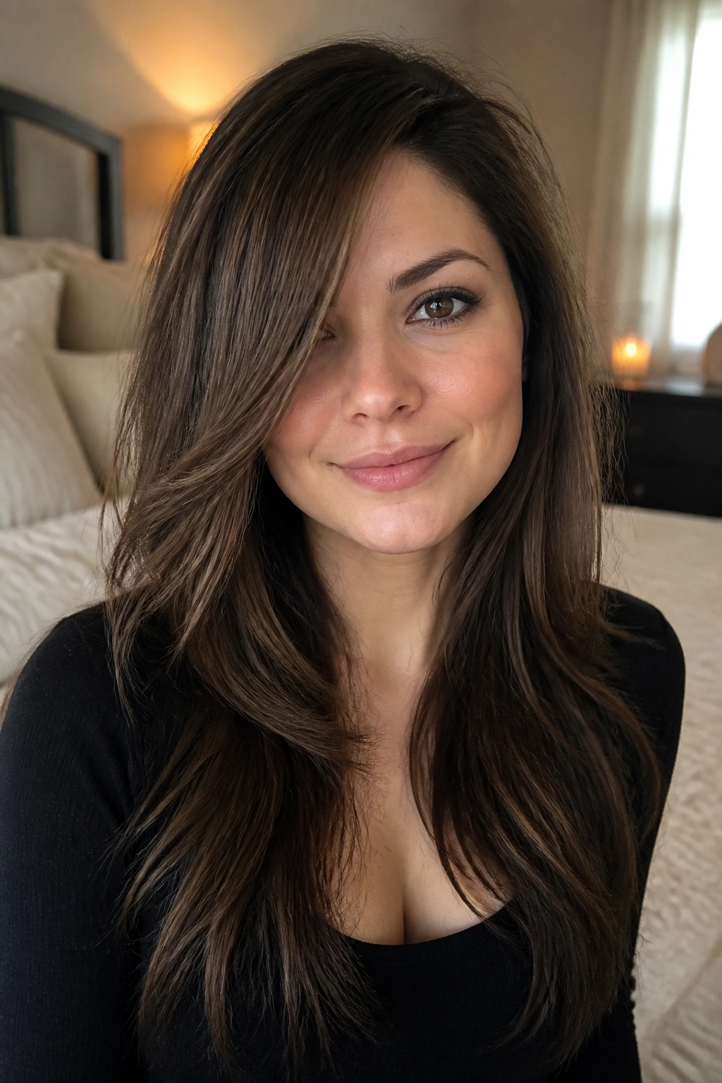 Close-up portrait of a real woman with long, layered hair framing the face.