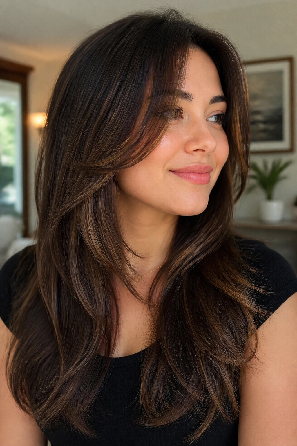 Real woman with long layered hair and cheekbone-face framing pieces.