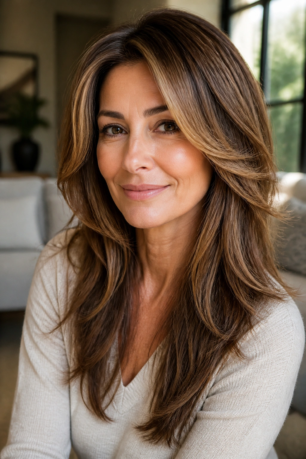 Close-up of a real woman with long layers and face-framing pieces in warm living room light.