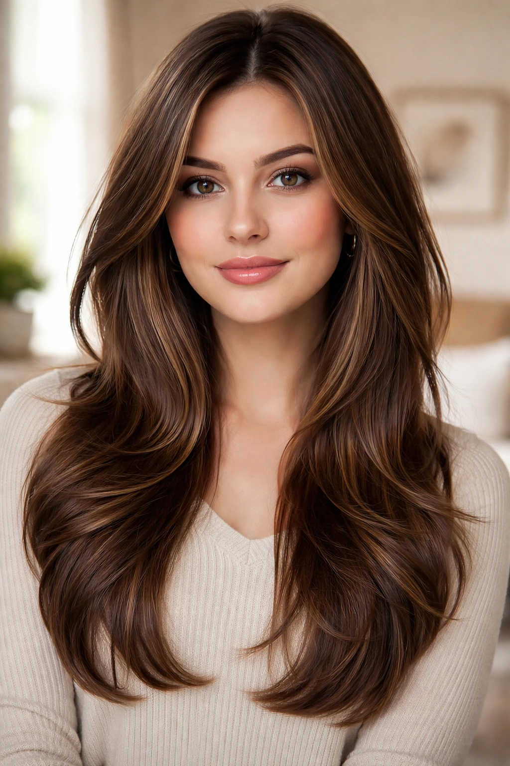 Close-up of a real woman with long layered hair and chin-length face-framing pieces in warm window light