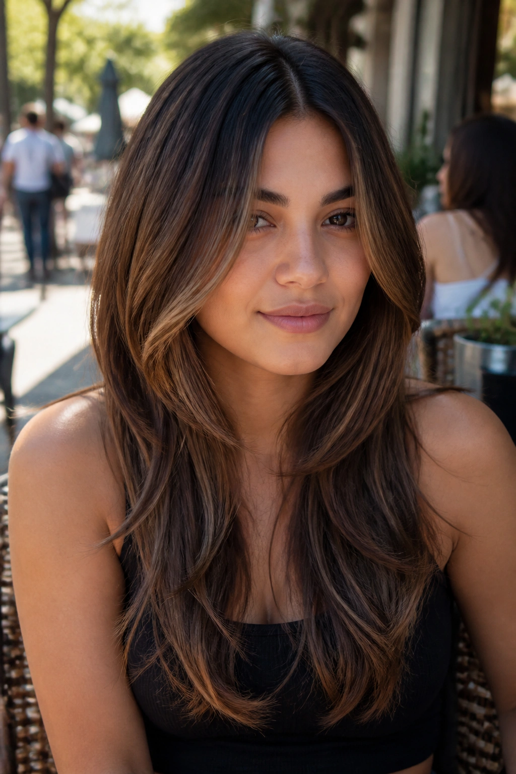Close-up of a real woman with long layers and face-framing pieces in a sunlit cafe setting.
