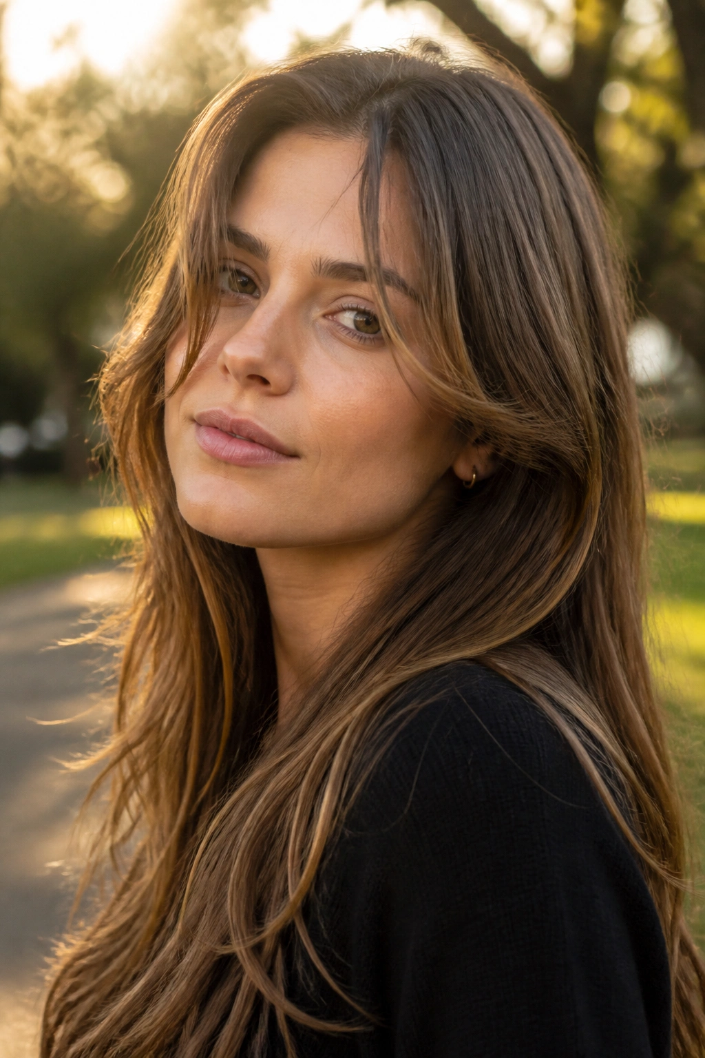 Close-up of long layers with face-framing ribbons on a real woman