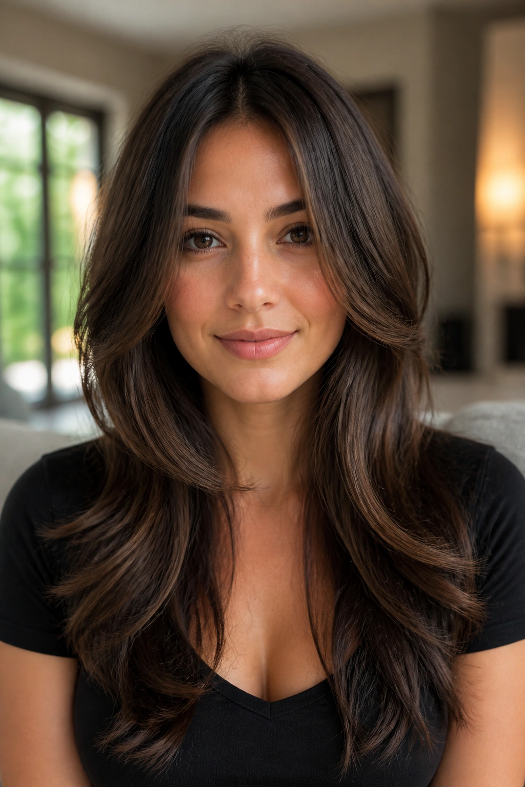 Close-up portrait of a woman with long face-framing layers starting below the chin, hair cascading softly.