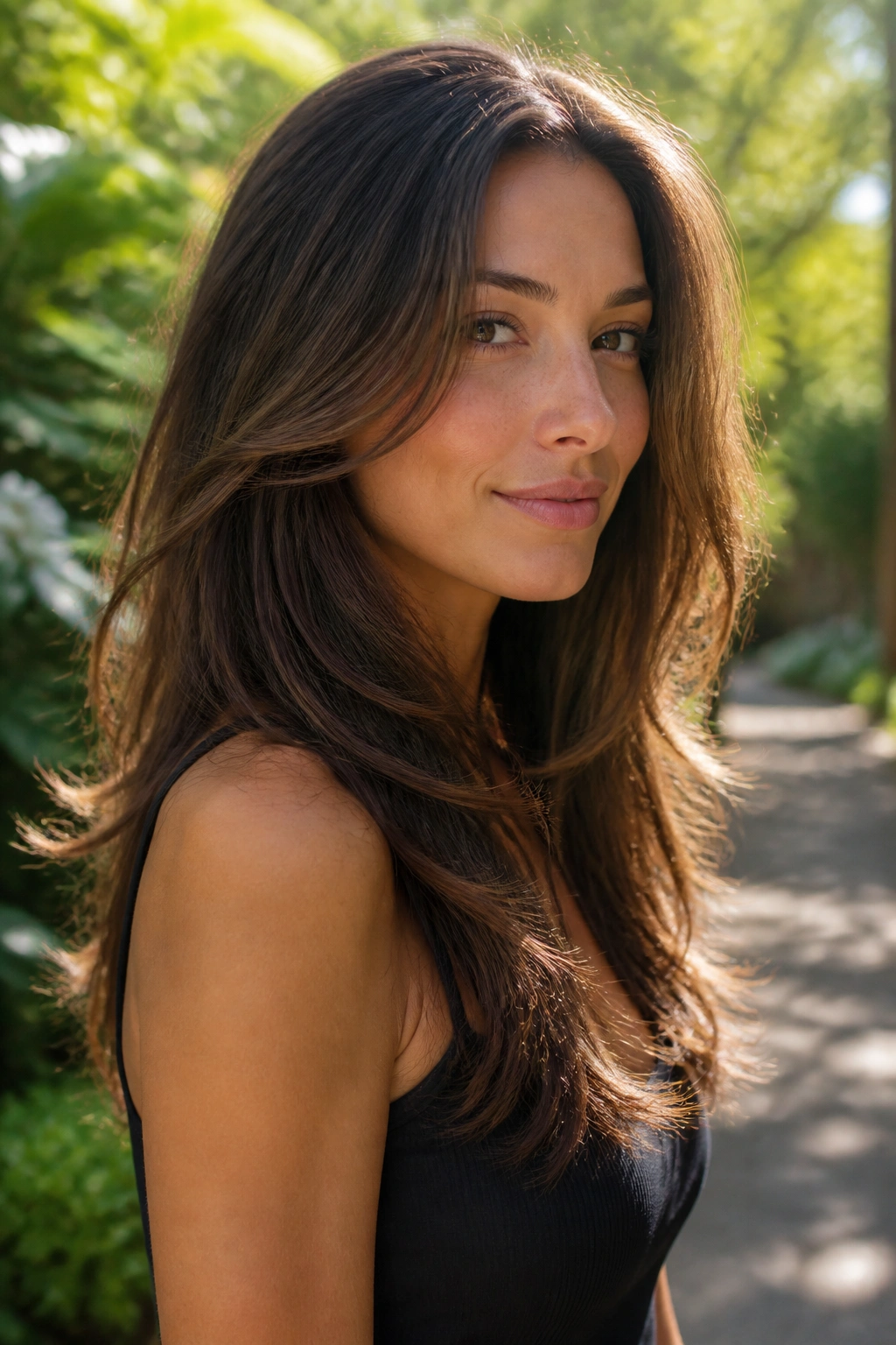 Real woman with long layered hair and feathered ends in soft outdoor light.