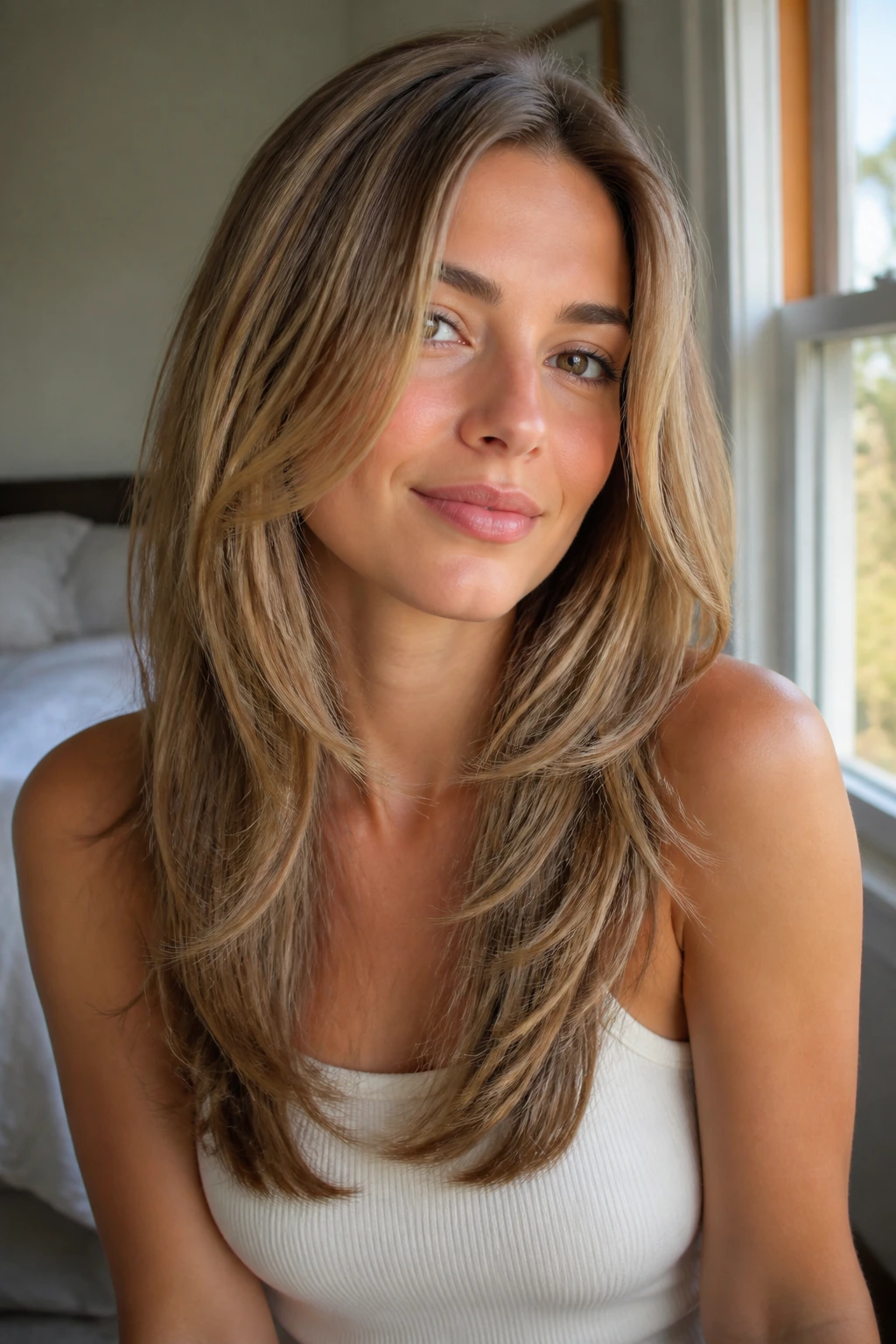 Close-up portrait of a real woman with long layered hair starting below the chin, fullness at the cheeks