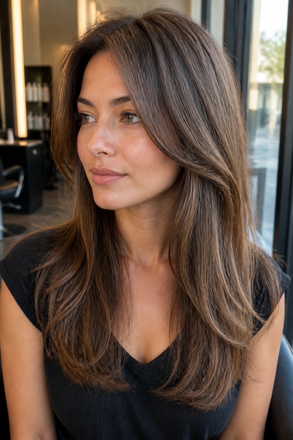 Close-up of a real woman with long layered hair and face-framing pieces, thick healthy ends, no interior thinning.