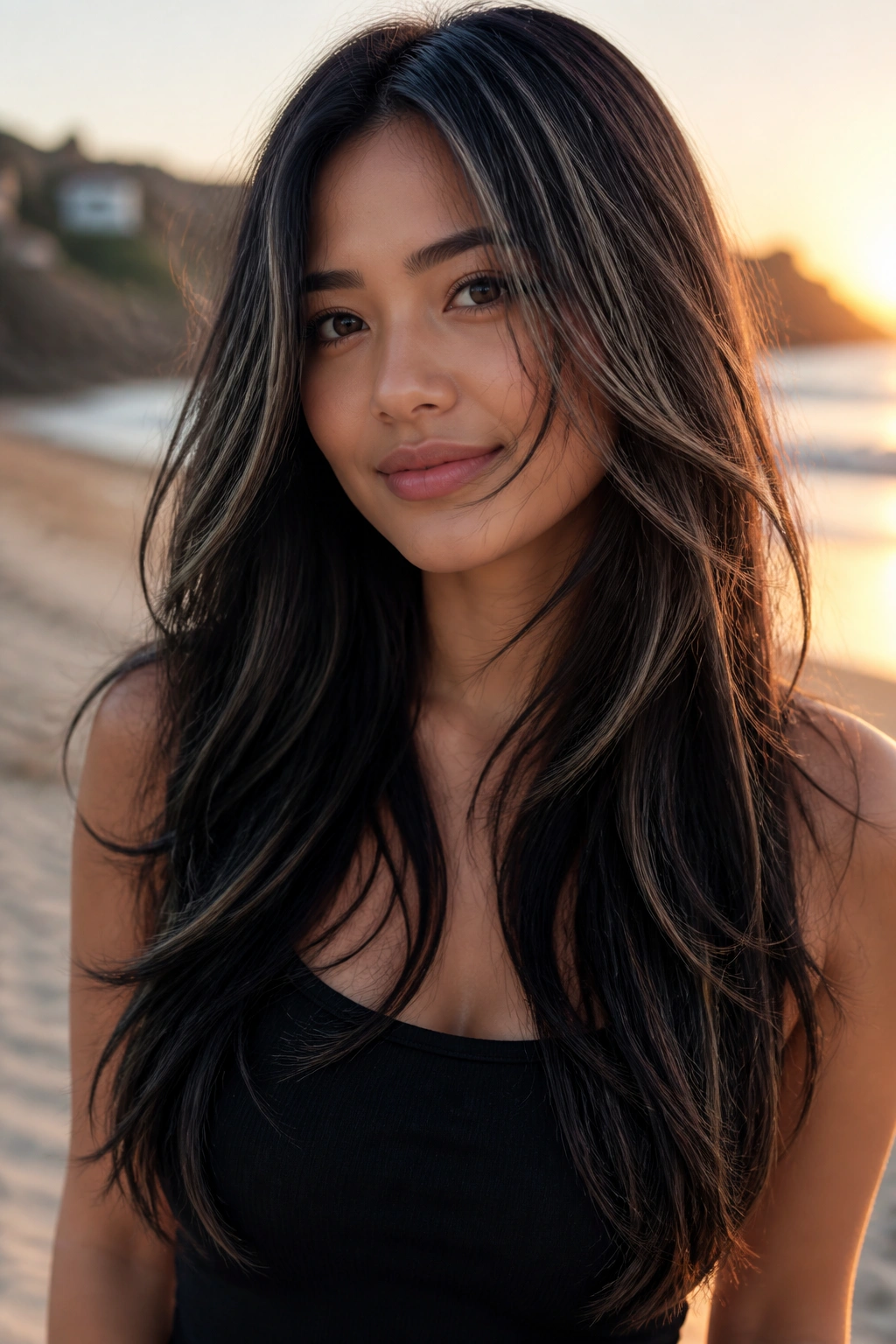Portrait of a real person with long layered hair and traveling black highlights