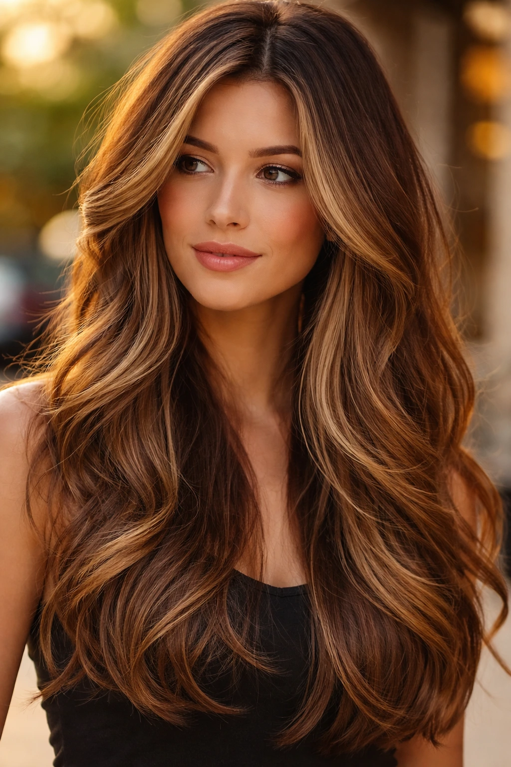 Portrait of a real person with long layered hair showing honey balayage highlighting inner layers and ends.