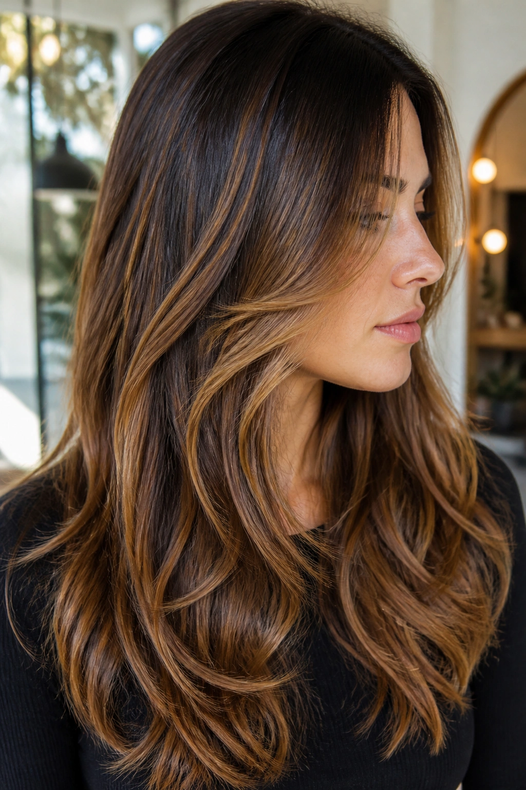 Close-up of a real woman with long layered hair and honey caramel balayage veils.