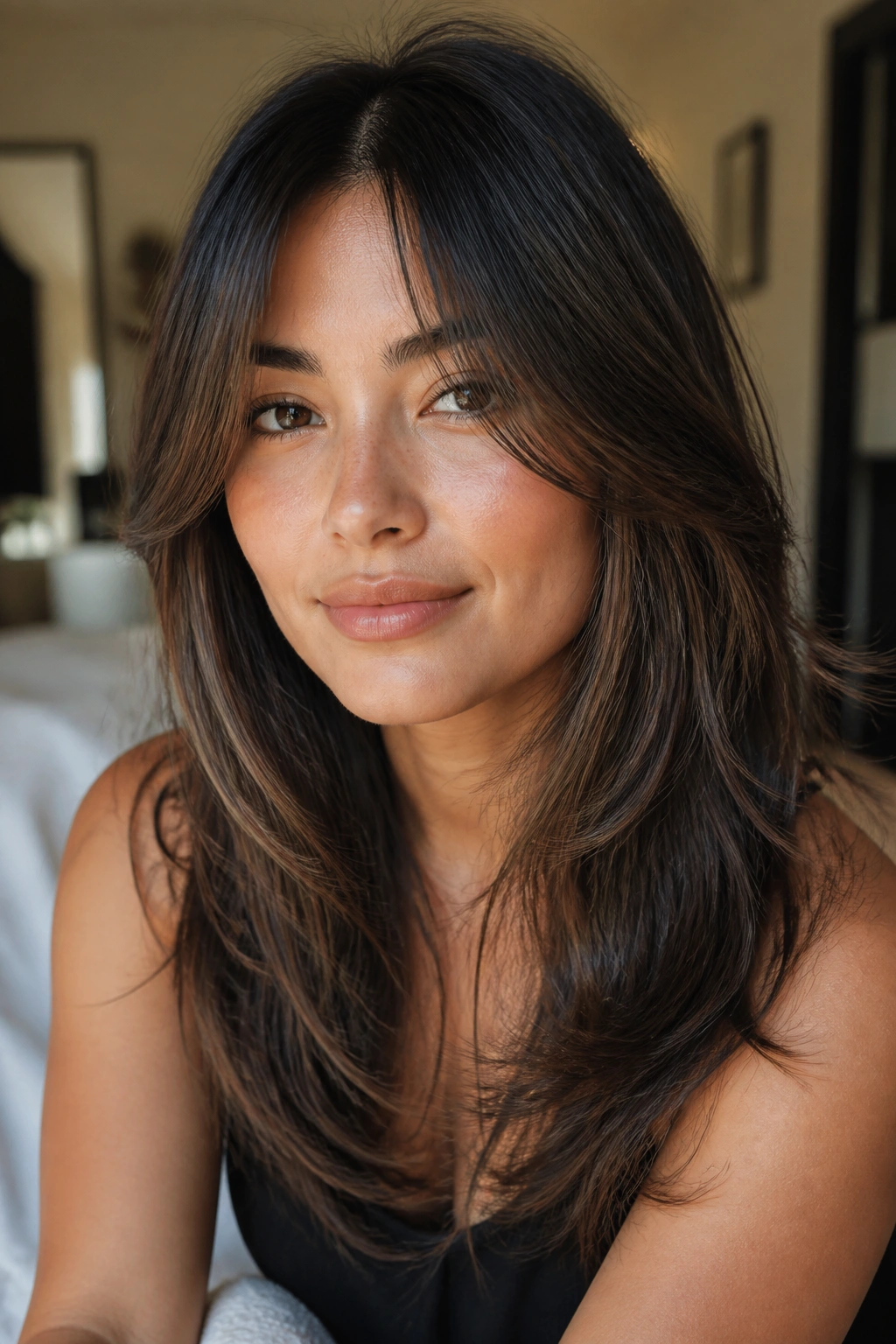 Portrait of a person with long layers and invisible fringe