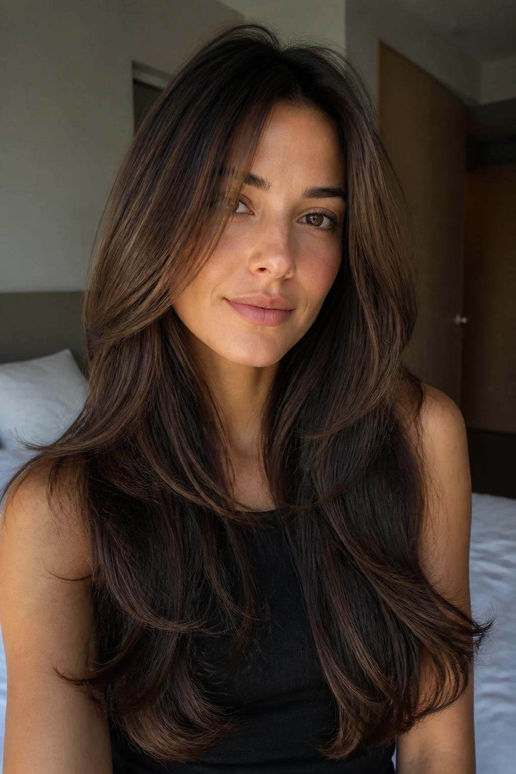 Close-up portrait of a real woman with long hair showing invisible internal shaping.