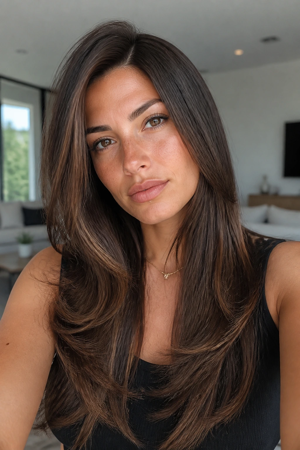 Real woman with long layers and off-center part.