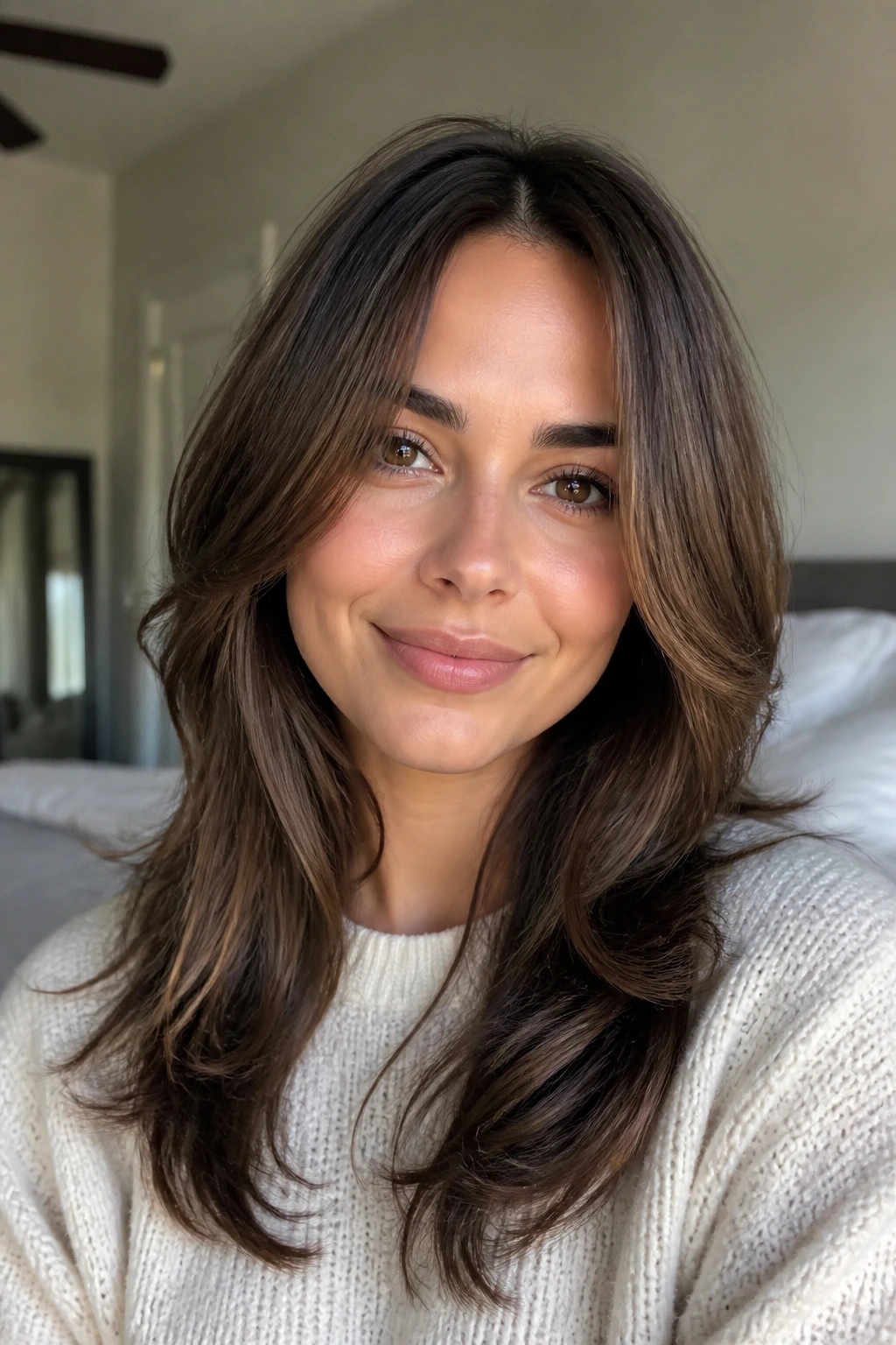 Close-up of a real woman with long layered hair framing her oval face.