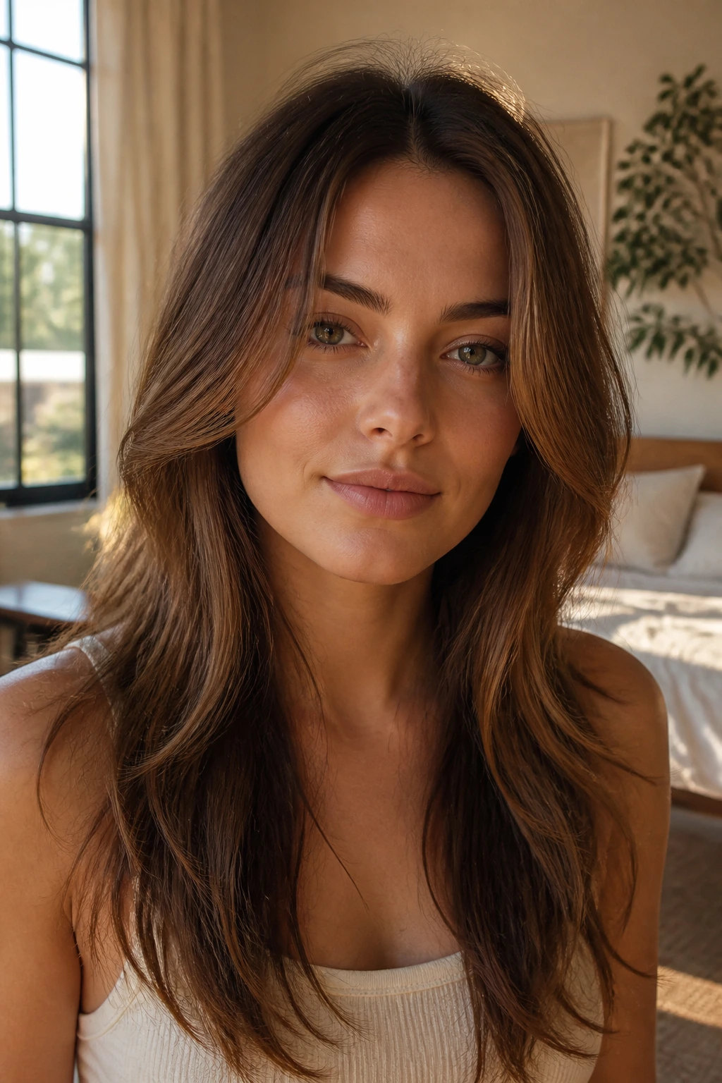 Close-up portrait of a woman with long layered hair framing an oval face in warm window light