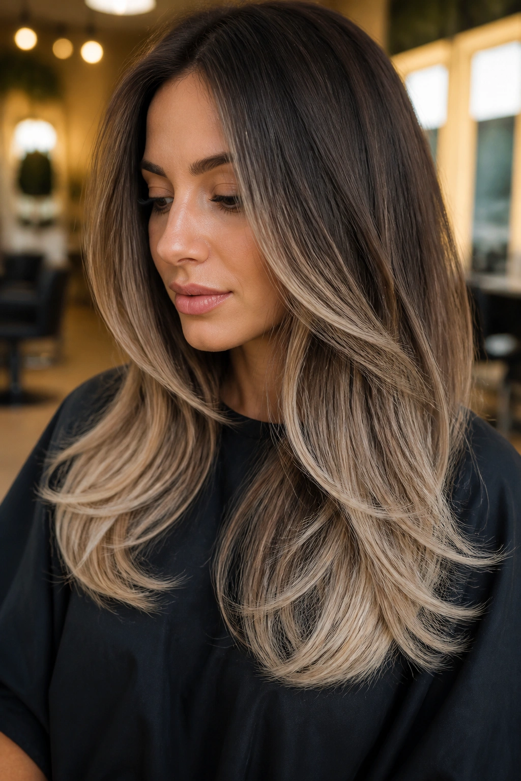Portrait of a woman with long layers and pale ash tips.
