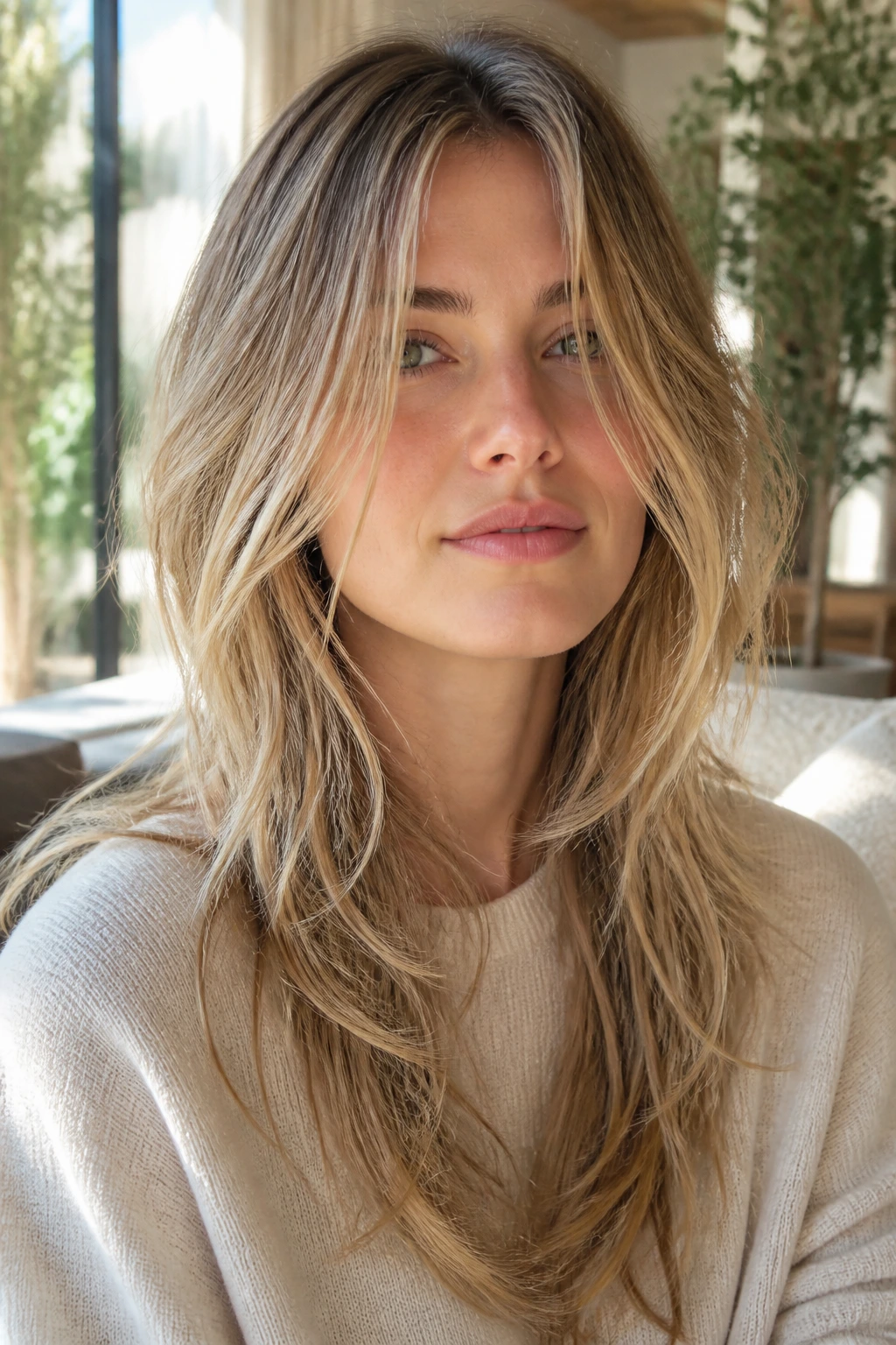 Close-up of long layers with piecey ends hairstyle on a real person in natural light