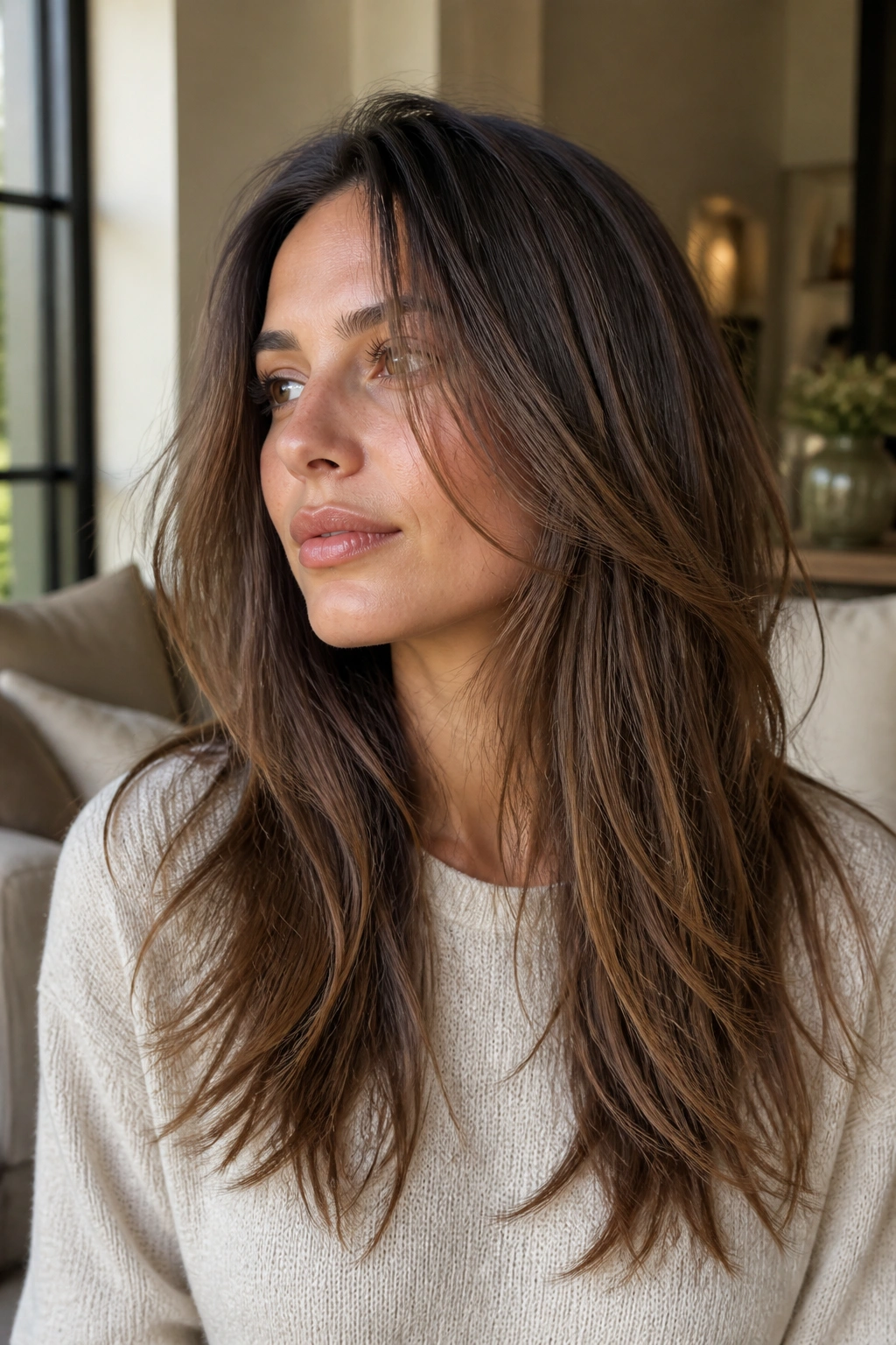 Close-up of a woman with long layers and point-cut ends.