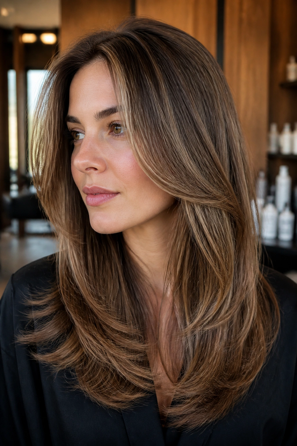 Close-up of a real woman with long layered hair and a polished blowout, crown lift