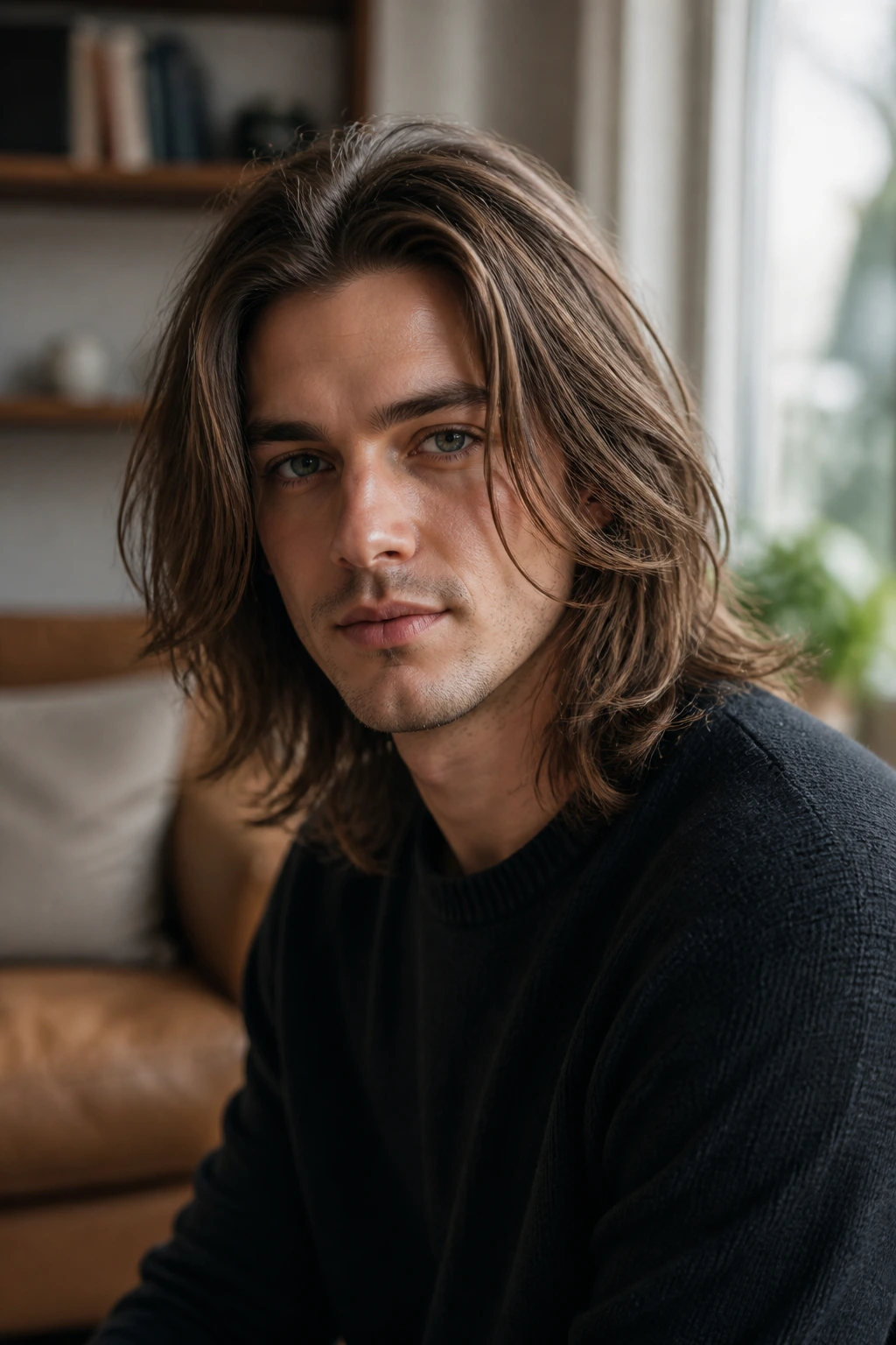 Close-up portrait of a man with shoulder-length layered hair framing the face