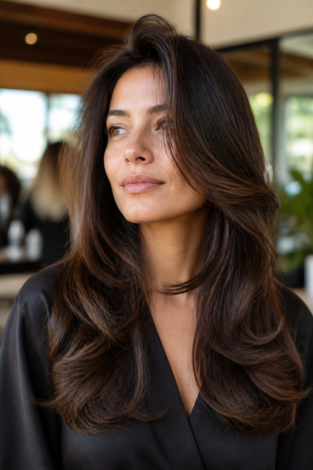 Close-up portrait of a real woman with long layered hair and crown lift in a warm salon setting