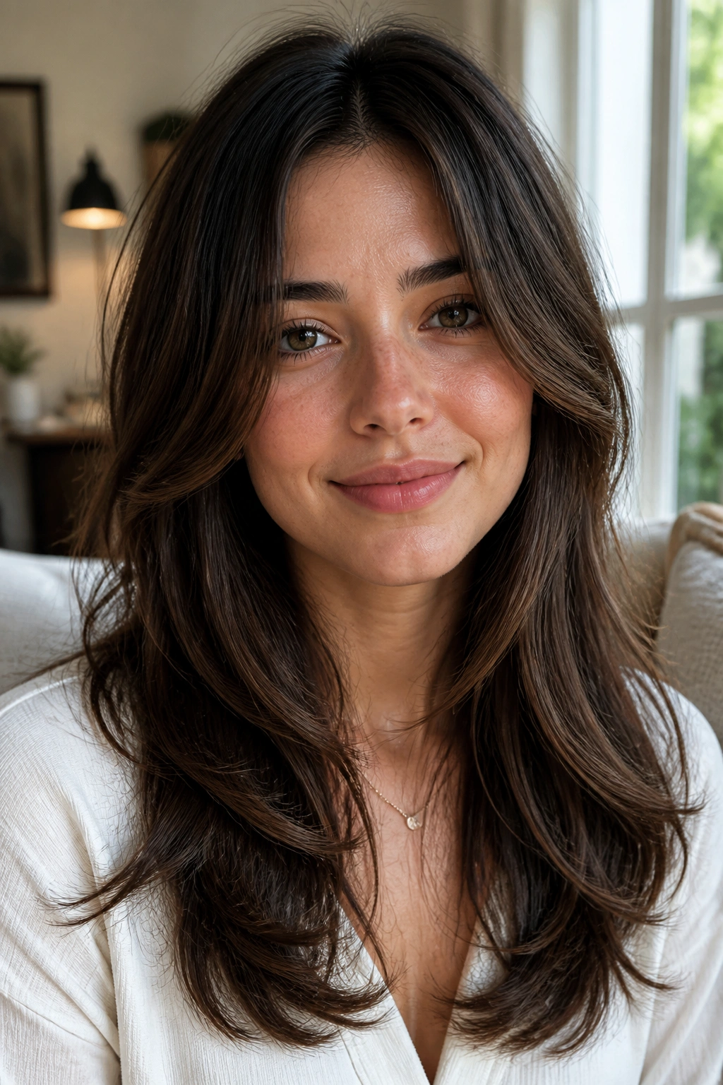 Portrait of a real woman with long layered hair flattering a round face, soft natural light
