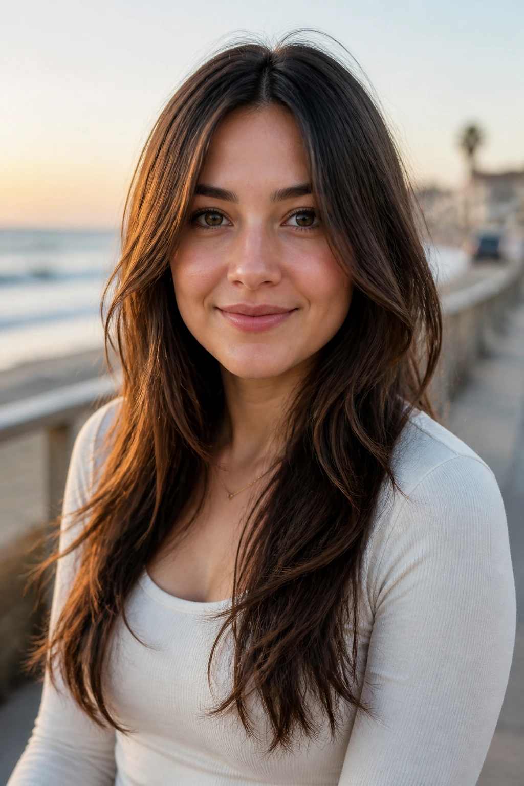 Close-up portrait of a woman with long layered hair lengthening a round face.