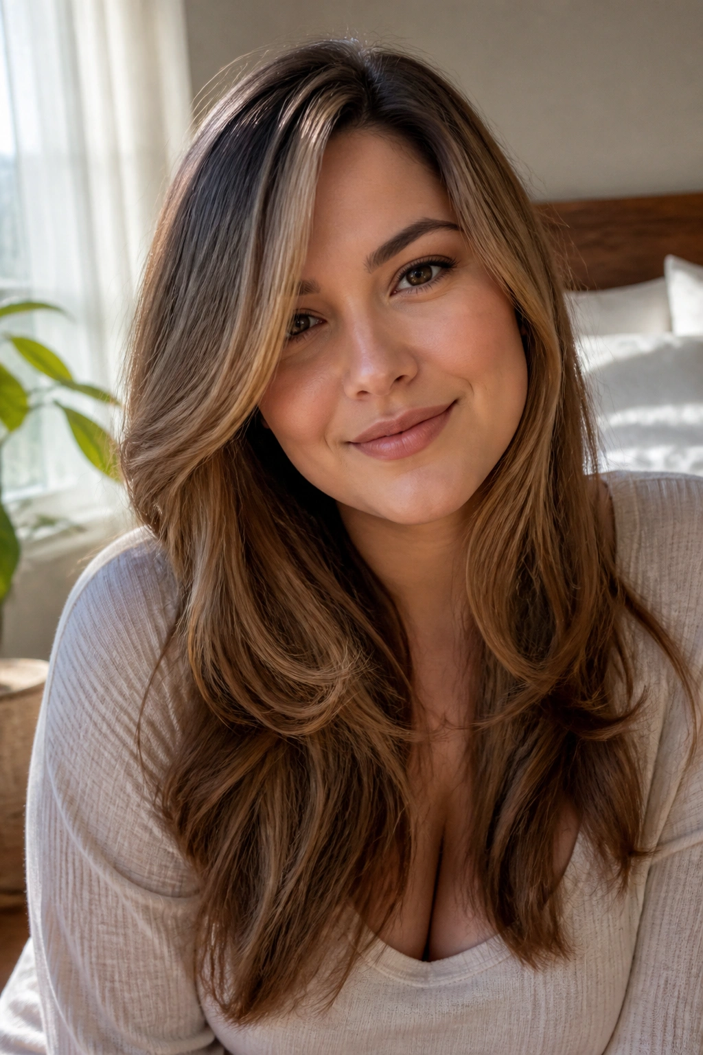 Close-up of a real woman with long, soft layered hair framing a round face in a sunlit bedroom.