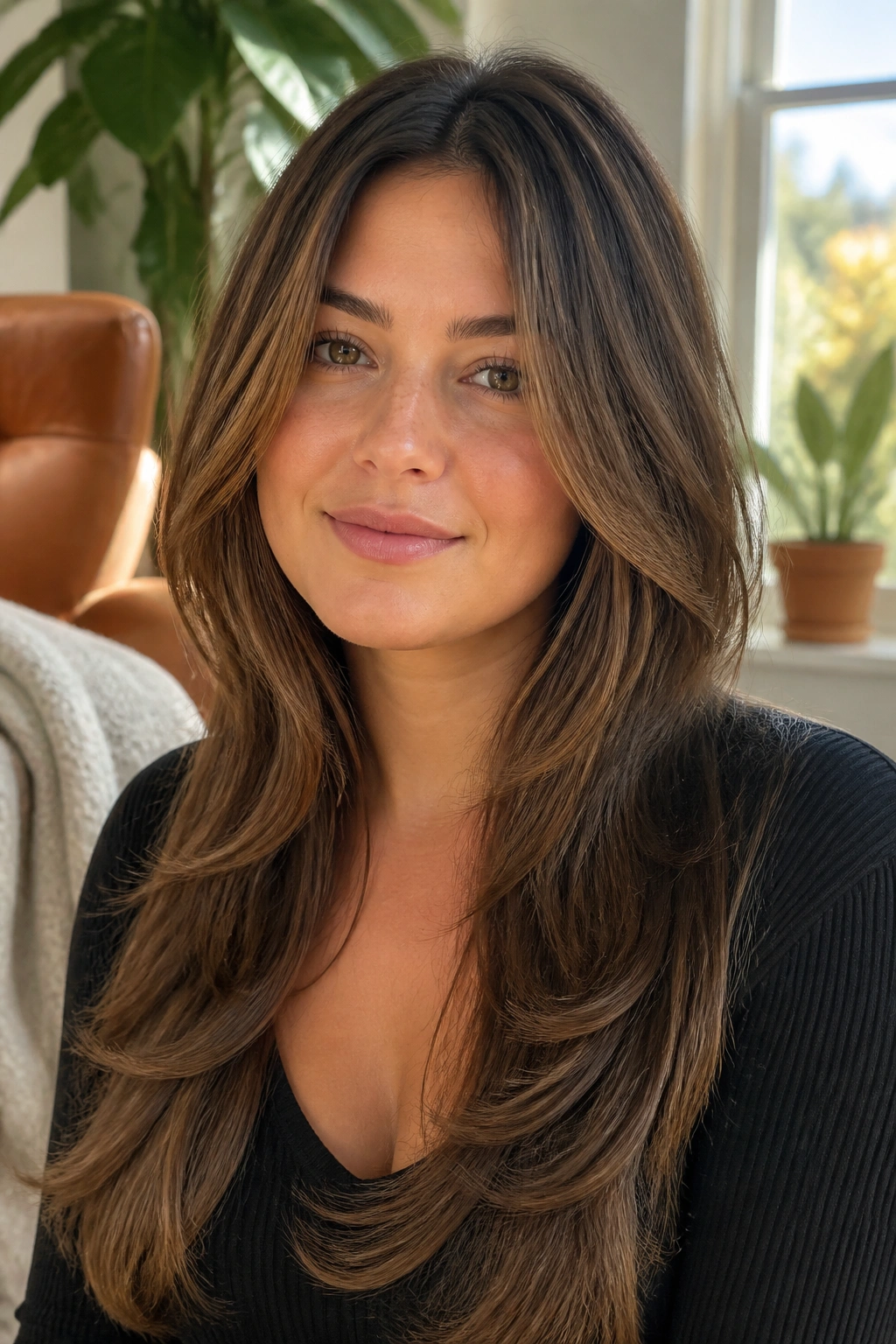 Close-up portrait of a real woman with long layers starting below the chin for round faces.