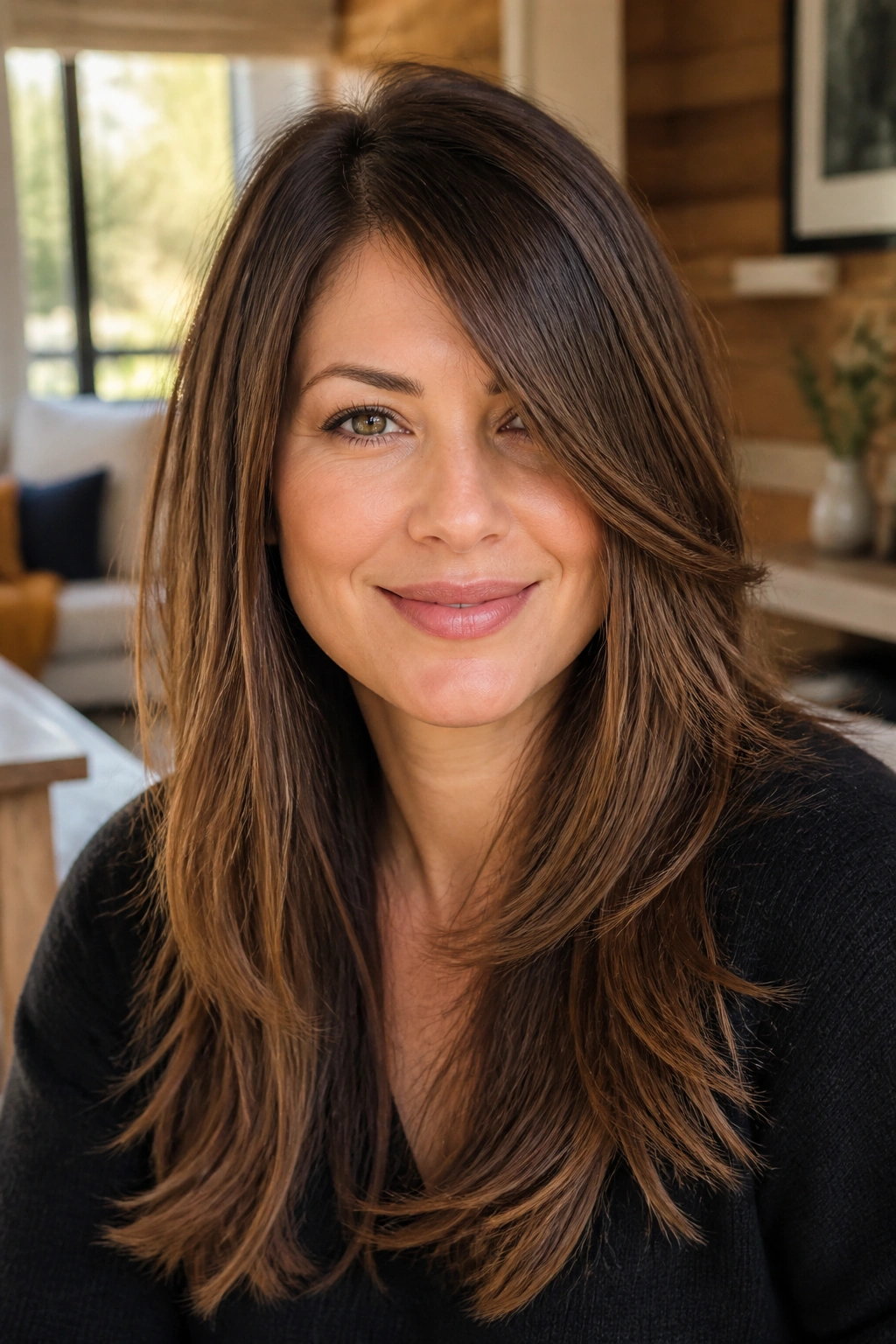 Close-up of a woman with long layered hair and a deep side part, round face