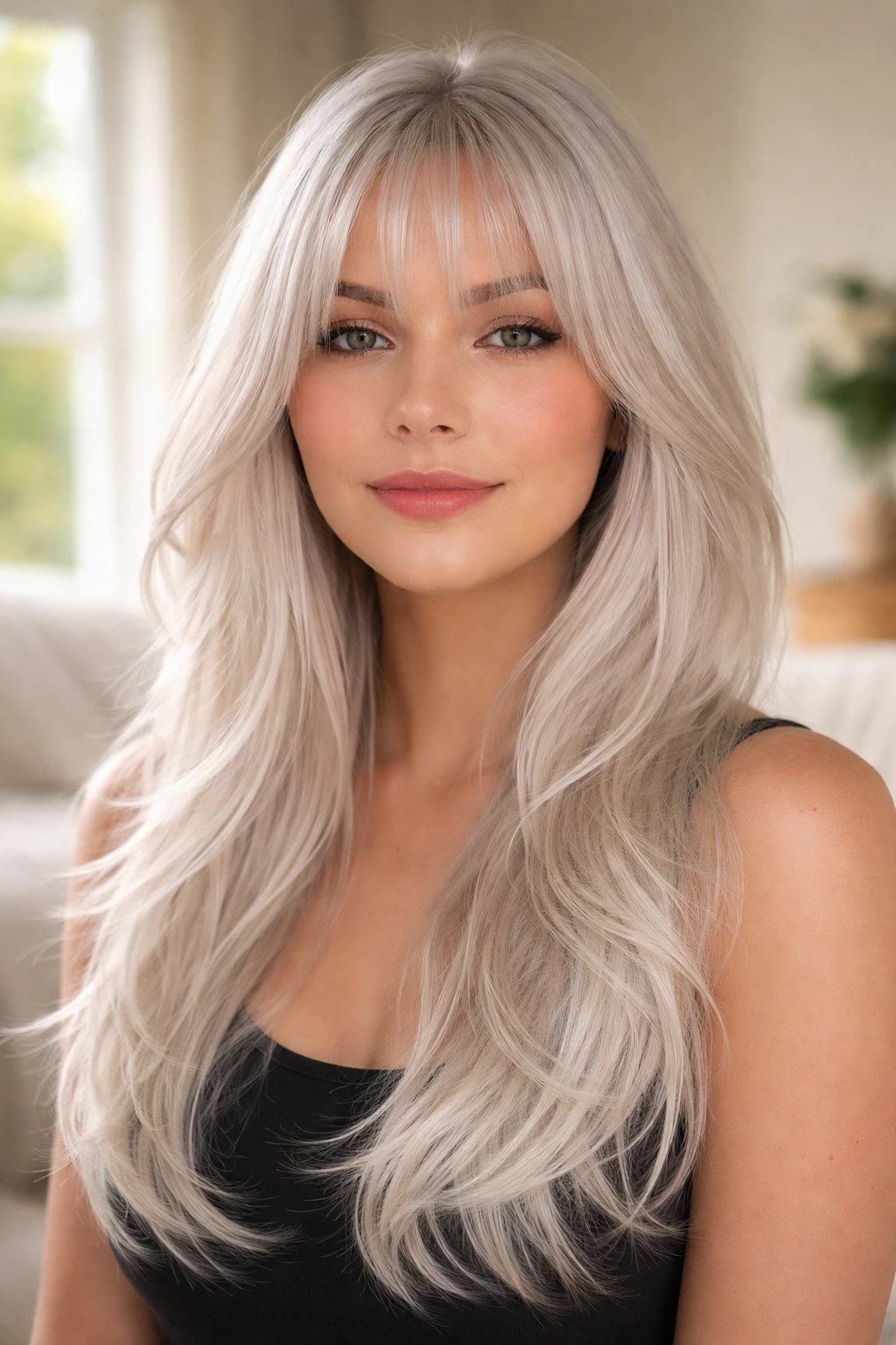 Real person with long layered white hair and see-through bangs in a bright bedroom.