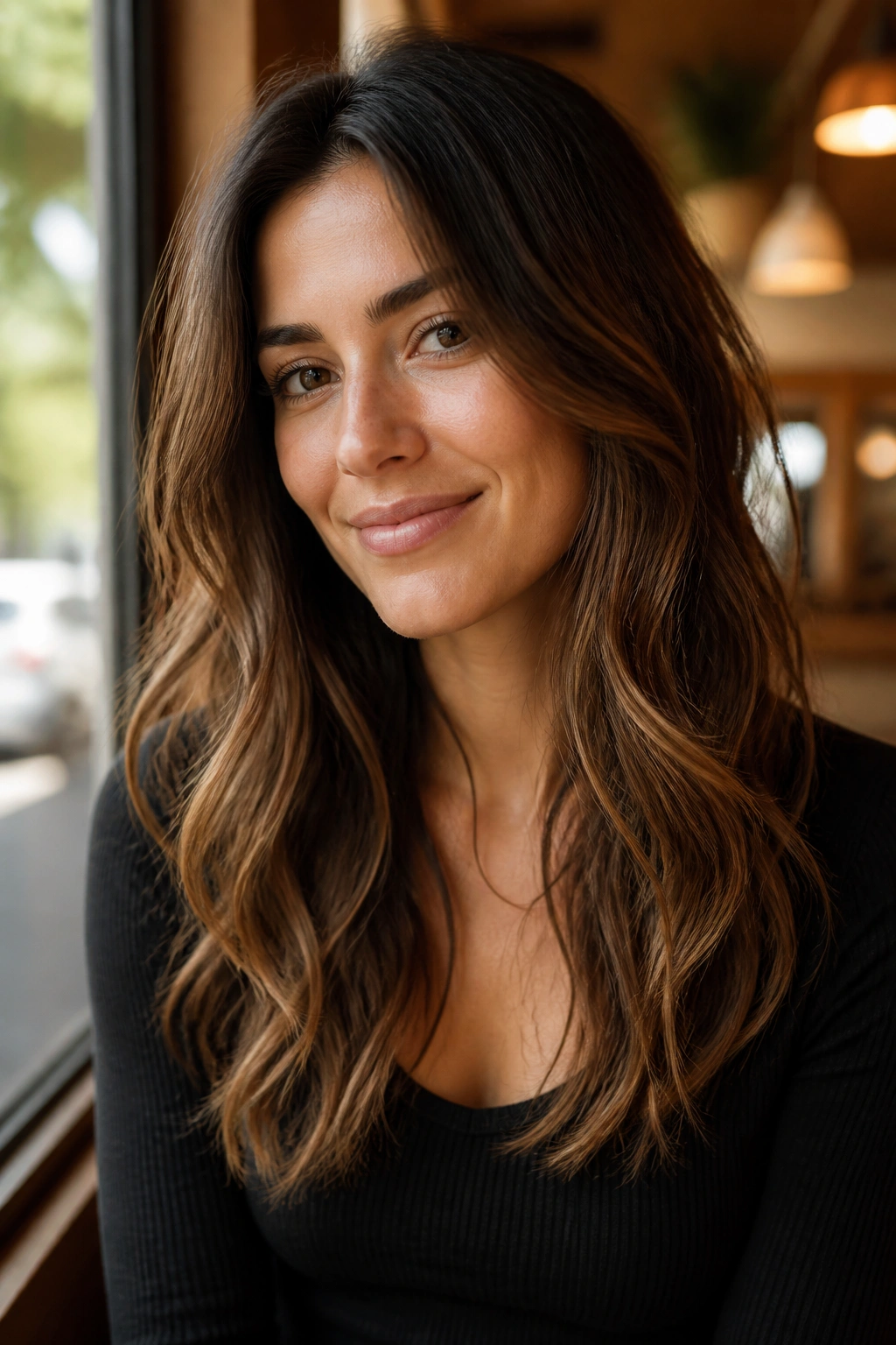 Close-up of a real woman with long layered hair below the shoulders