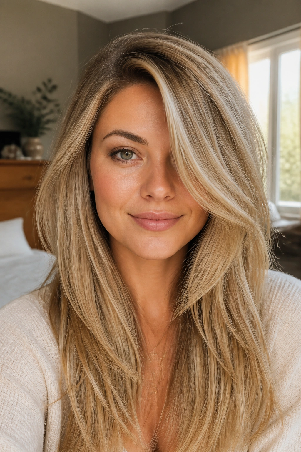 Close-up of a real woman with long layered blonde hair and a deep side part.