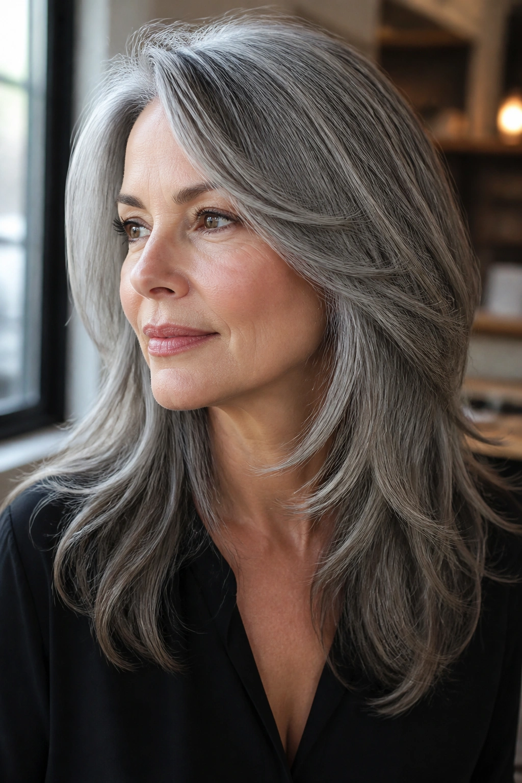 Portrait of a real person with long layered grey hair and a side part
