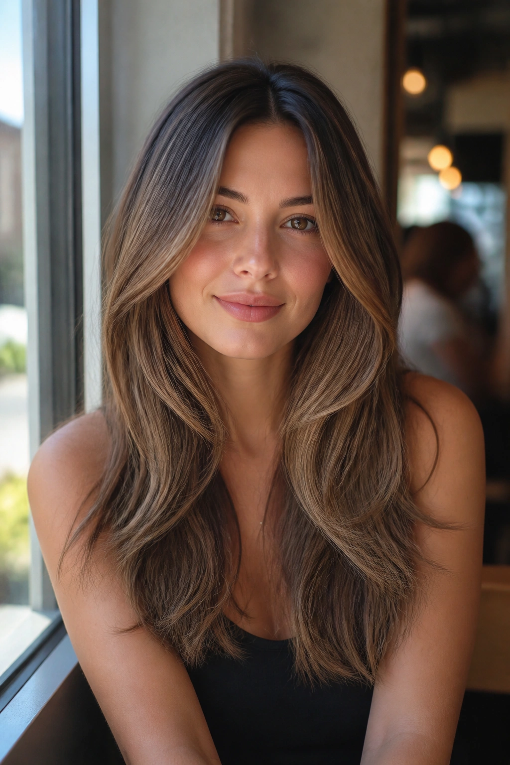 Close-up of a real woman with long layers and a soft middle part