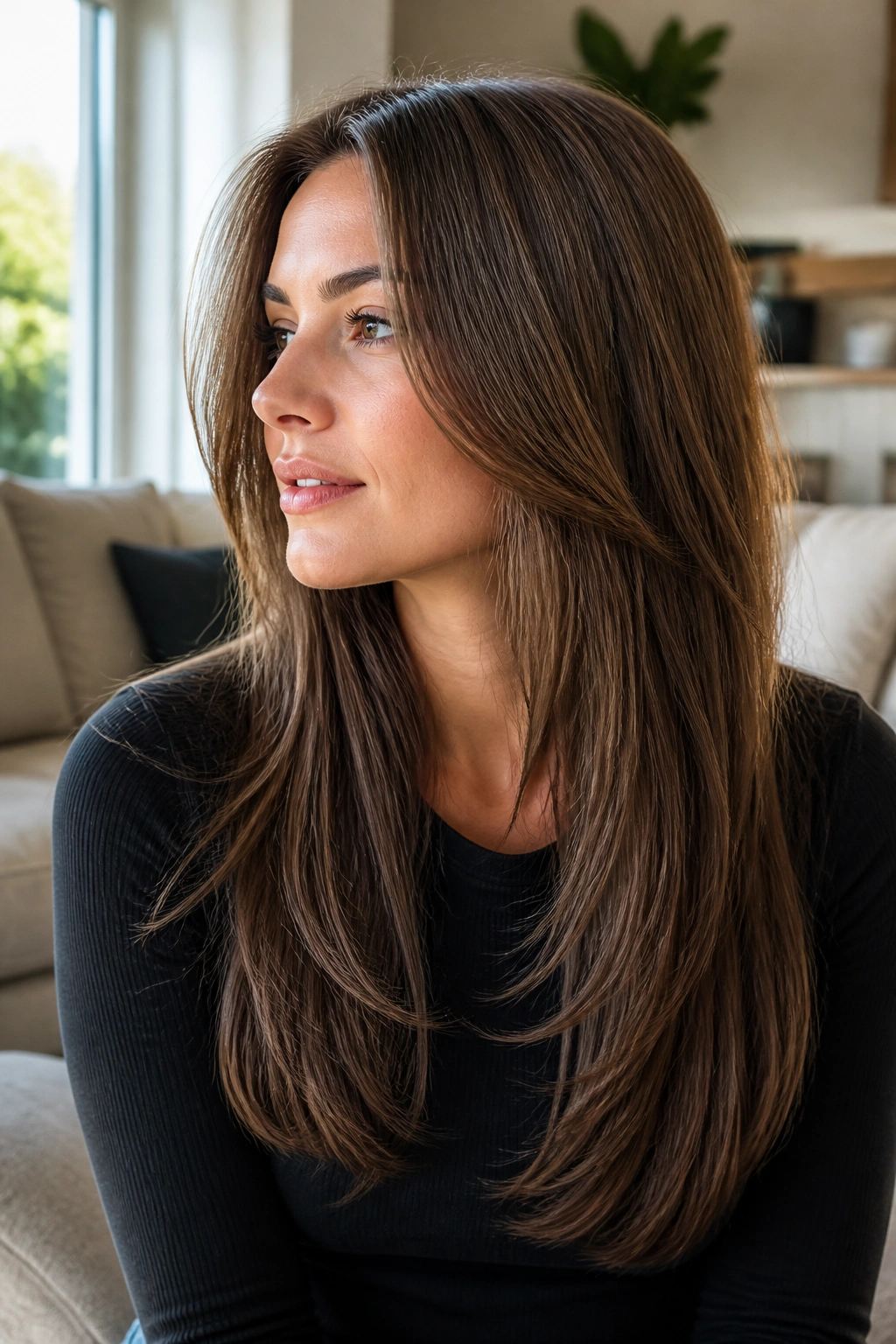 Close-up portrait of a real person with long layers for straight hair in a sunlit living room
