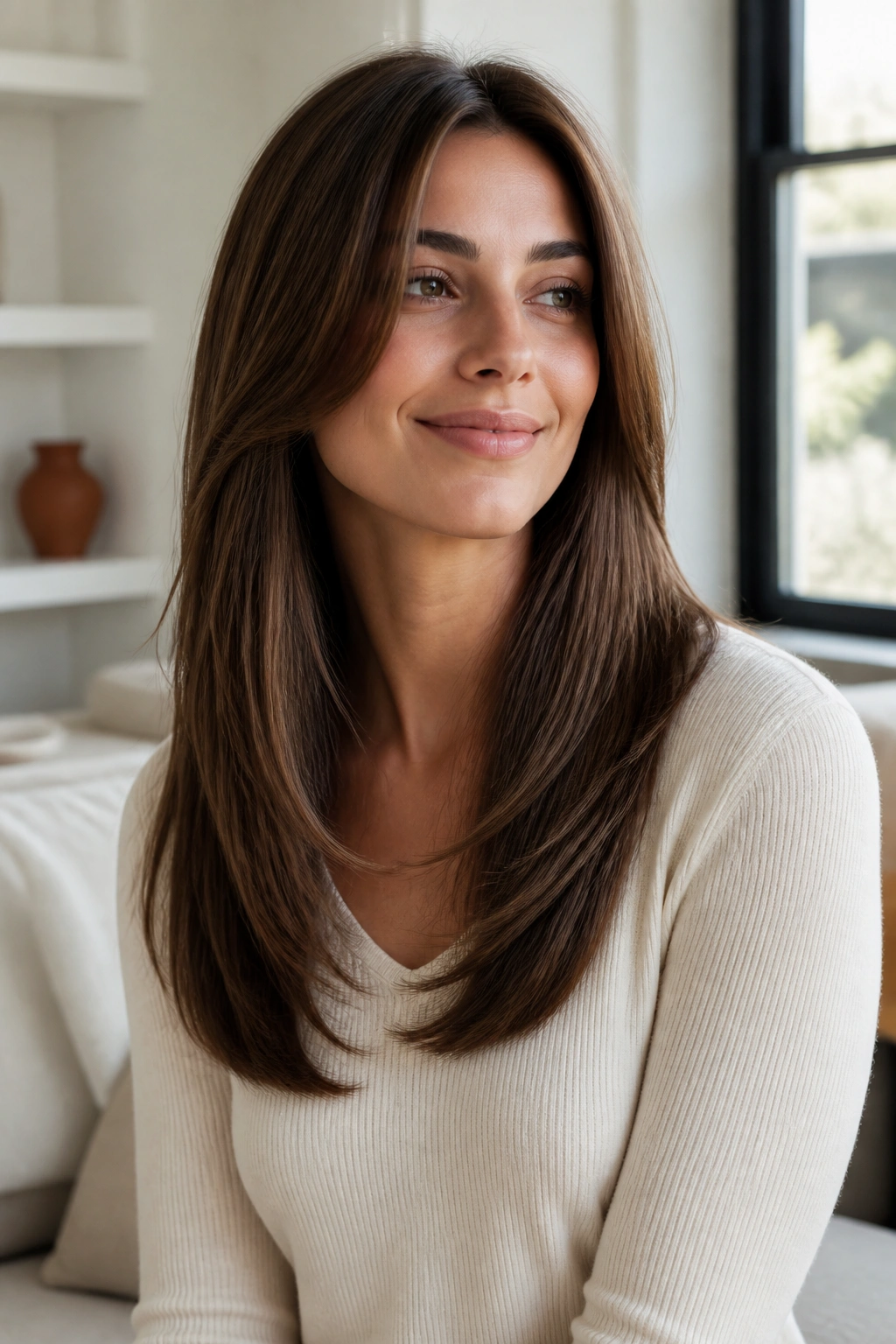 Close-up of a real woman with long layered straight hair starting at the collarbone