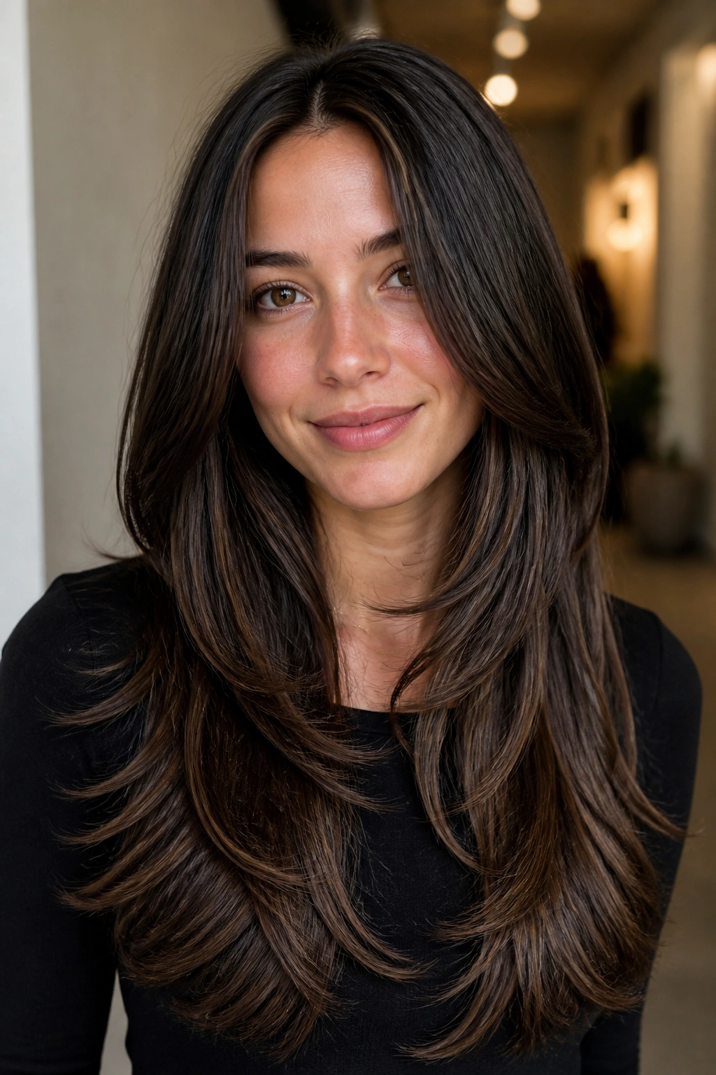 Close-up of a real woman with long layers and a strong perimeter in warm indoor light