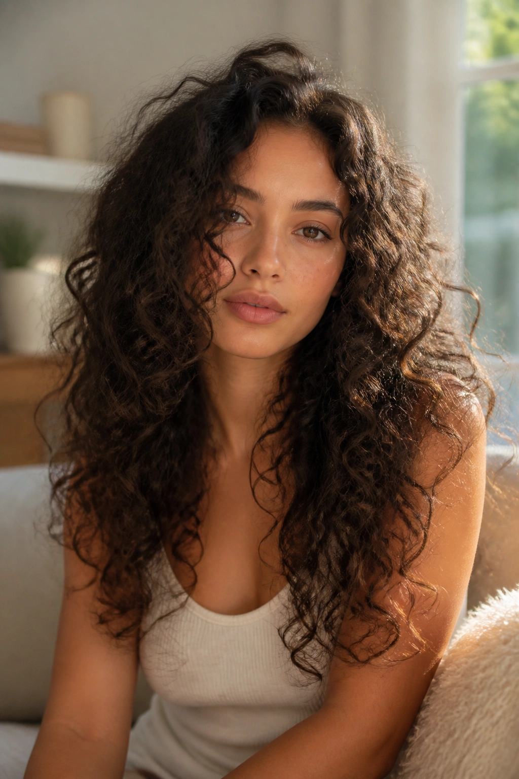 Close-up of a real woman with long layered thick curls in natural window light
