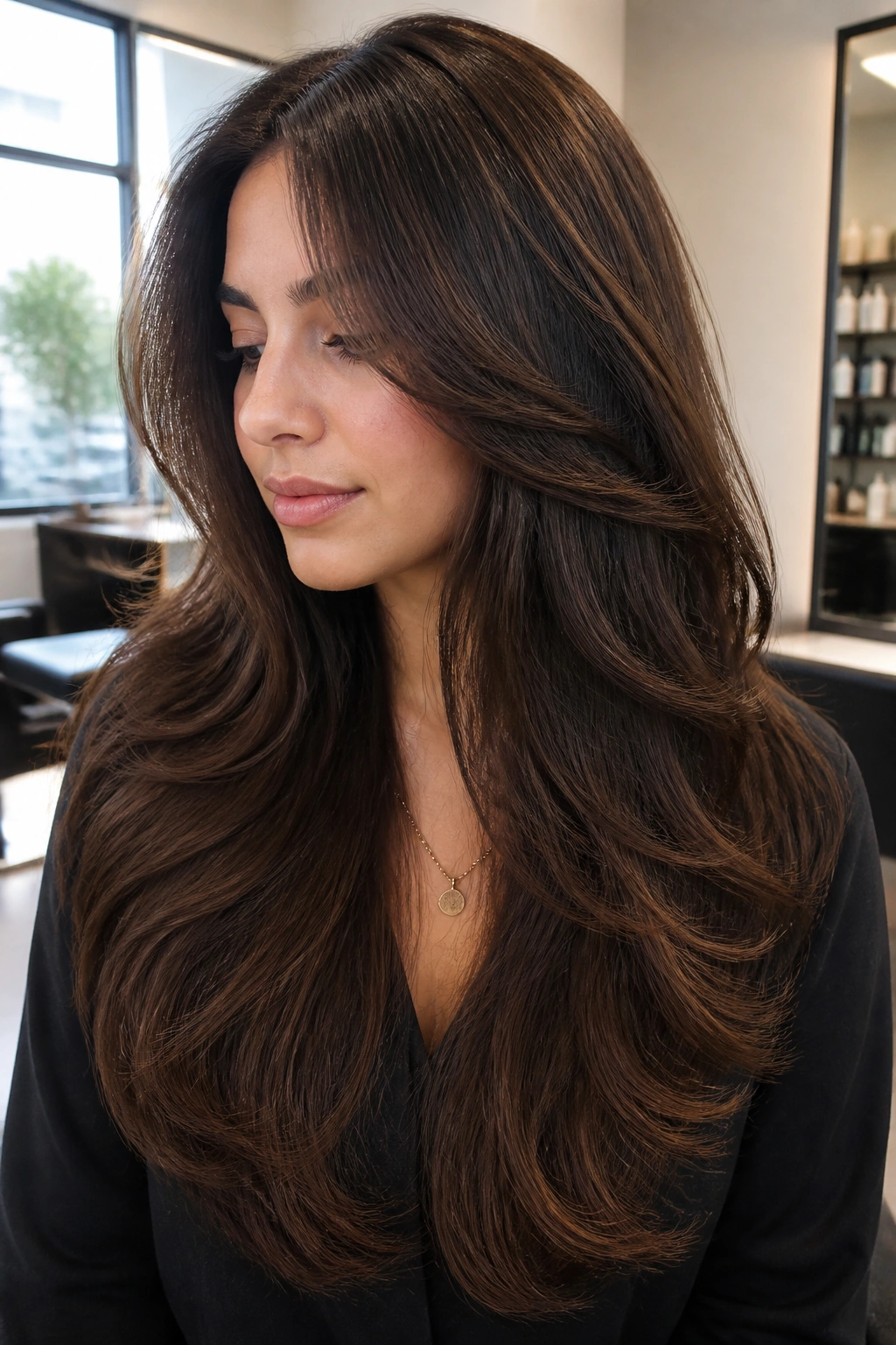 Close-up of real woman with long, thick layered hair starting below the chin
