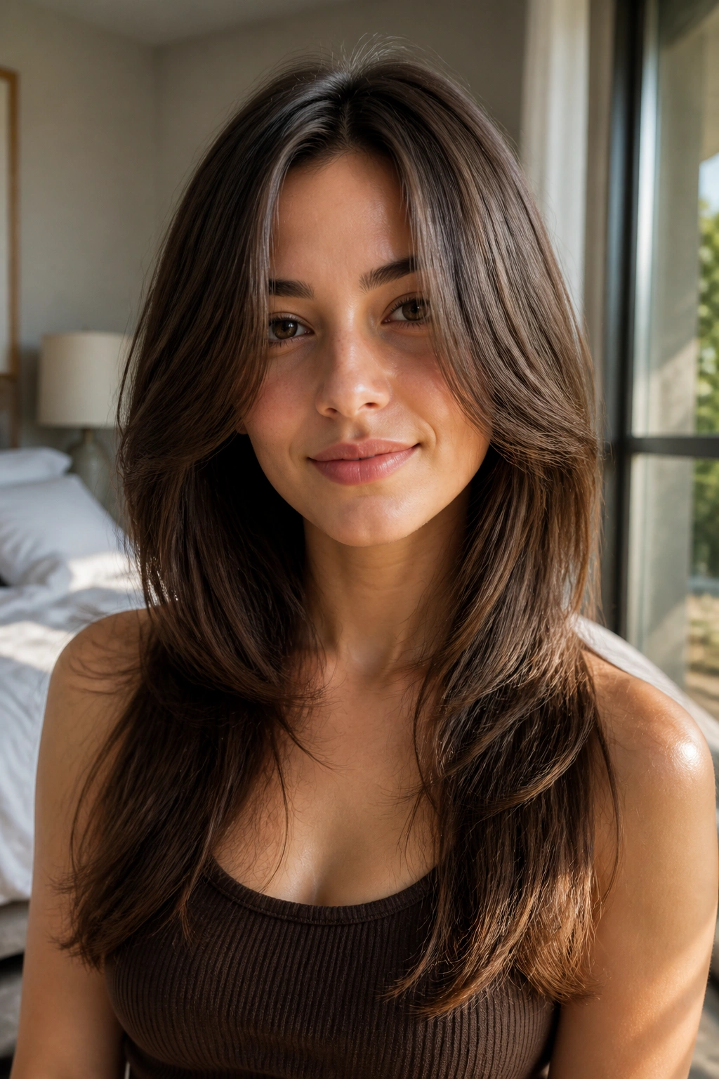 Close-up portrait of a real woman with long layers starting at the collarbone and thick hair, warm window light
