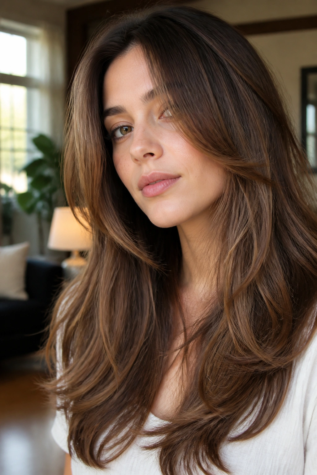 Close-up of a real woman with long layered thick hair, collarbone-length interior layers and strong perimeter