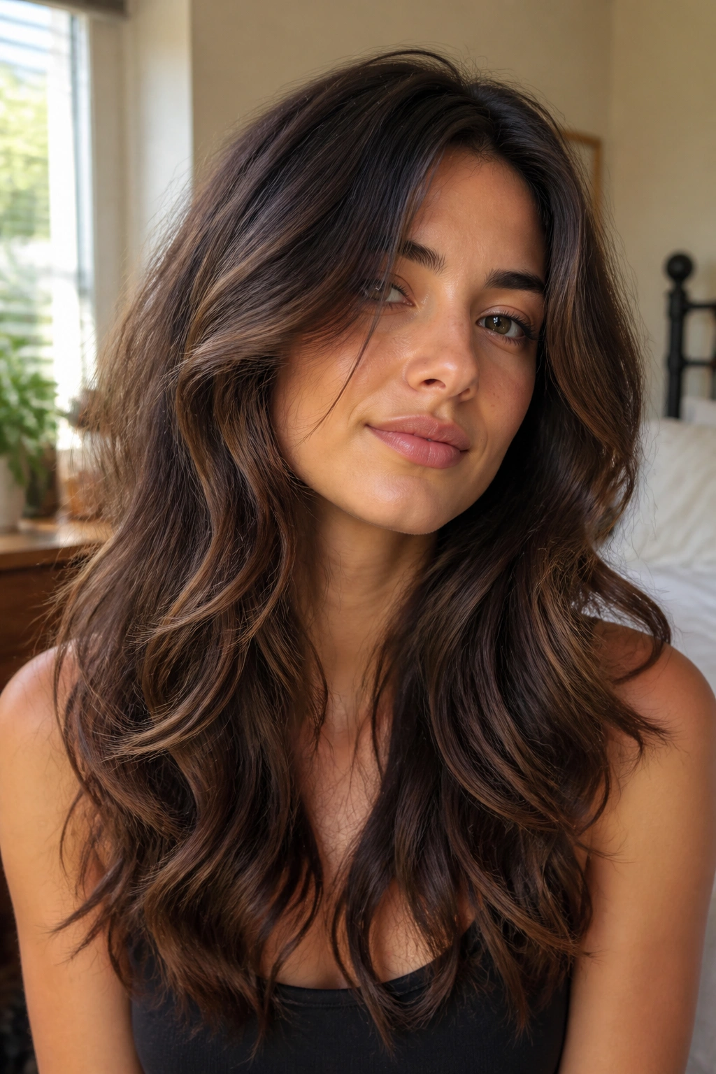 Close-up of real woman with long layers in thick wavy hair, collarbone-length, soft face framing