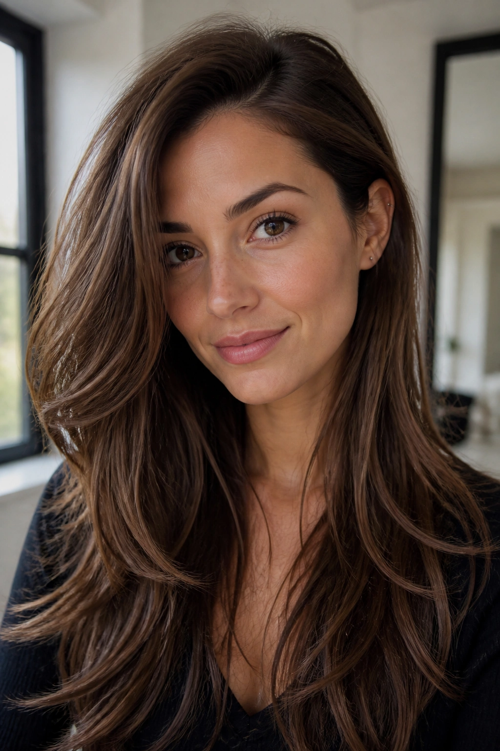 Close-up of a real woman's long brown hair with layers and a tucked-behind-ear finish.