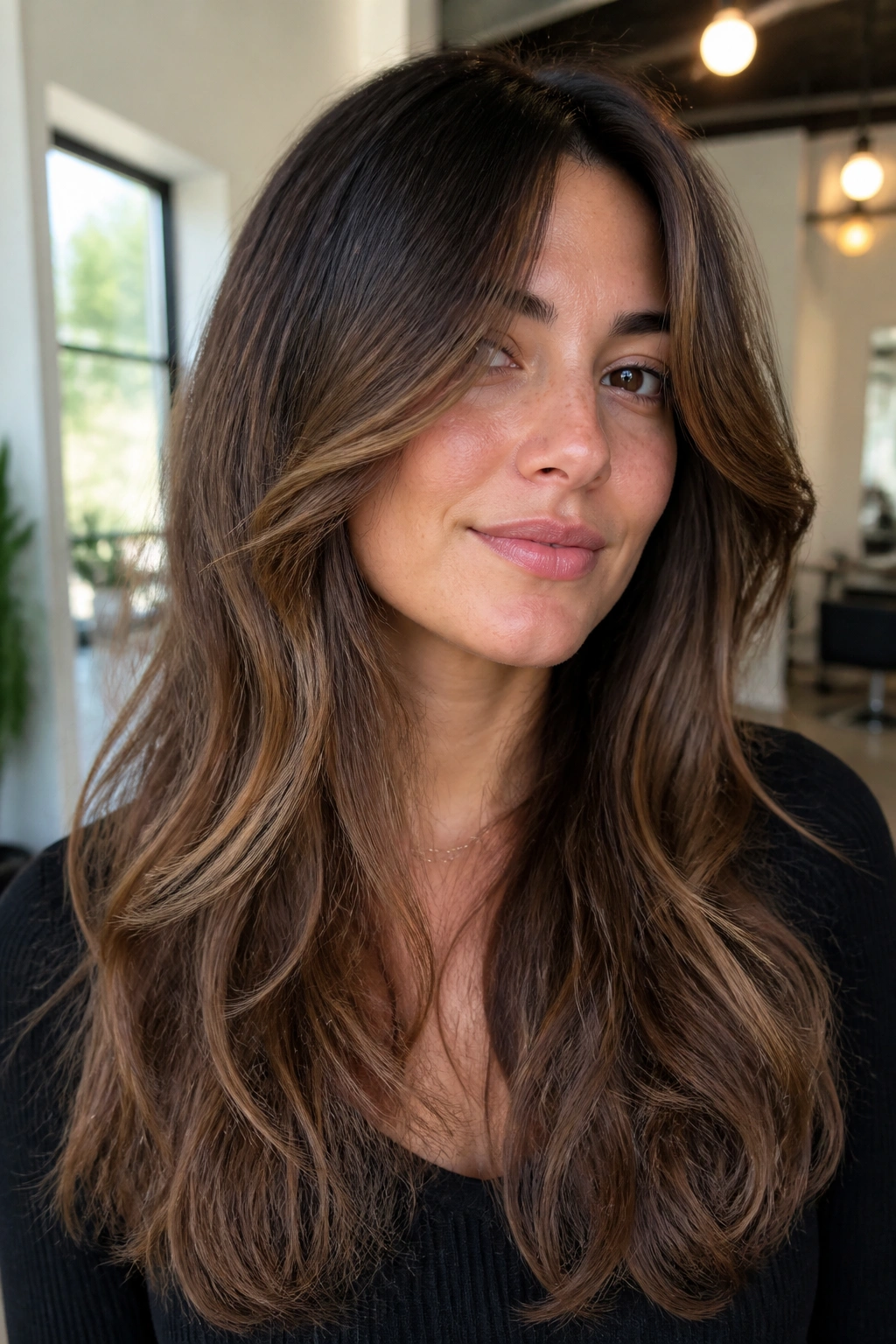 Close-up of a real woman with long layered waves and face-framing pieces