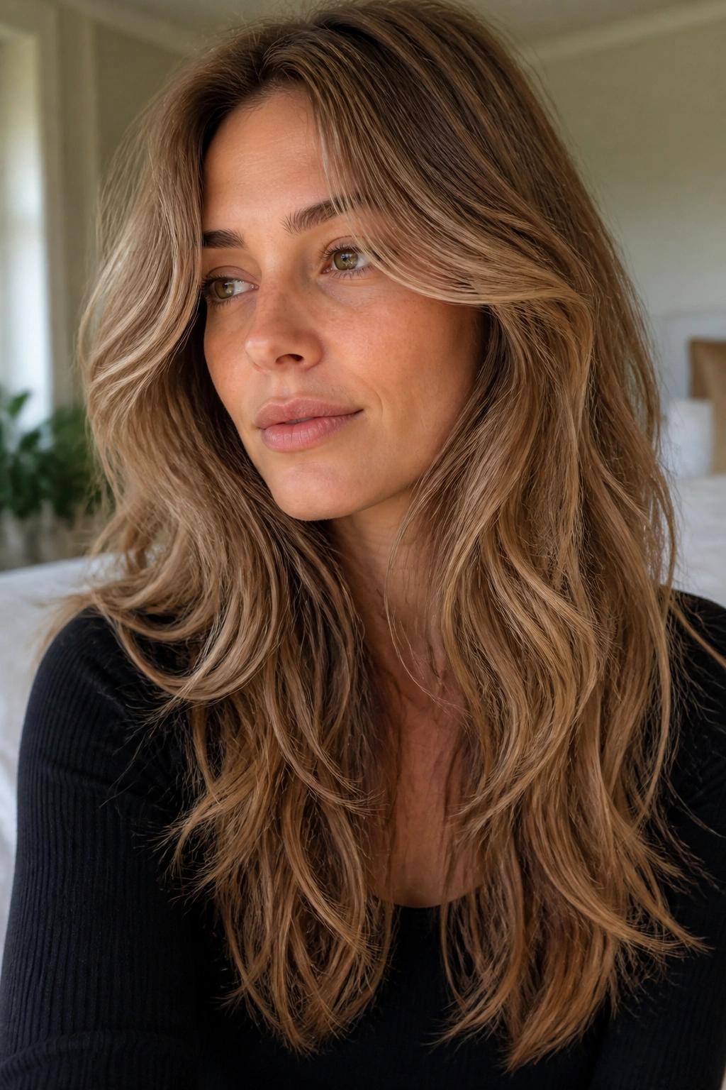 Close-up of a woman with long layered wavy hair under warm window light