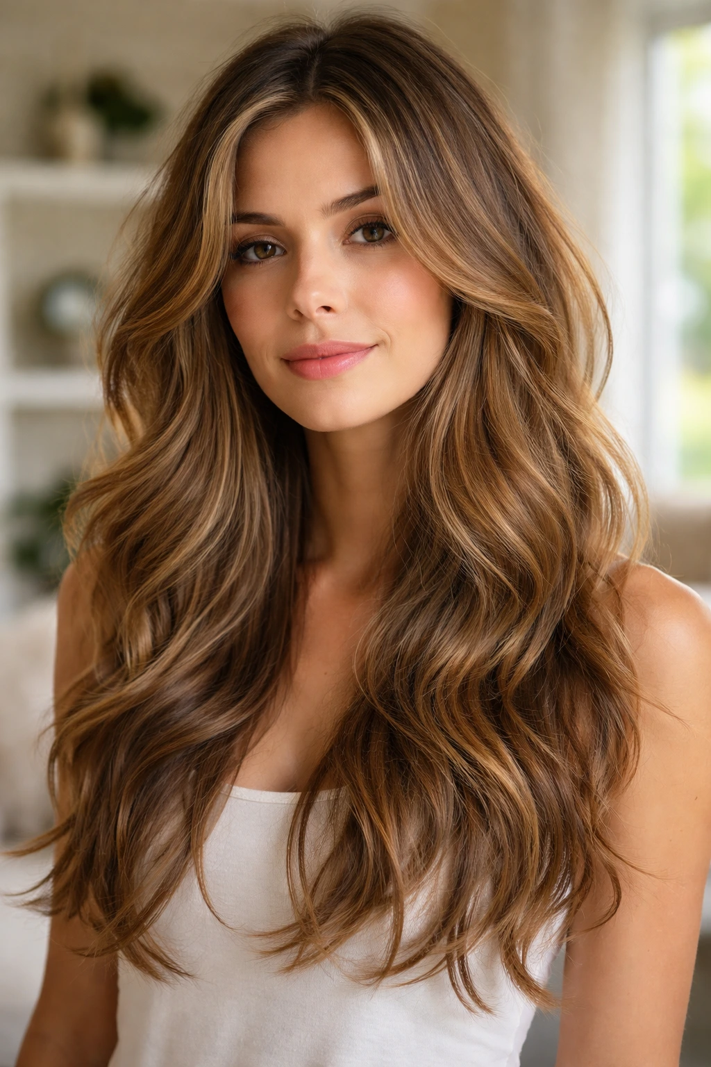 Close-up portrait of a woman with long layered wavy hair showing movement