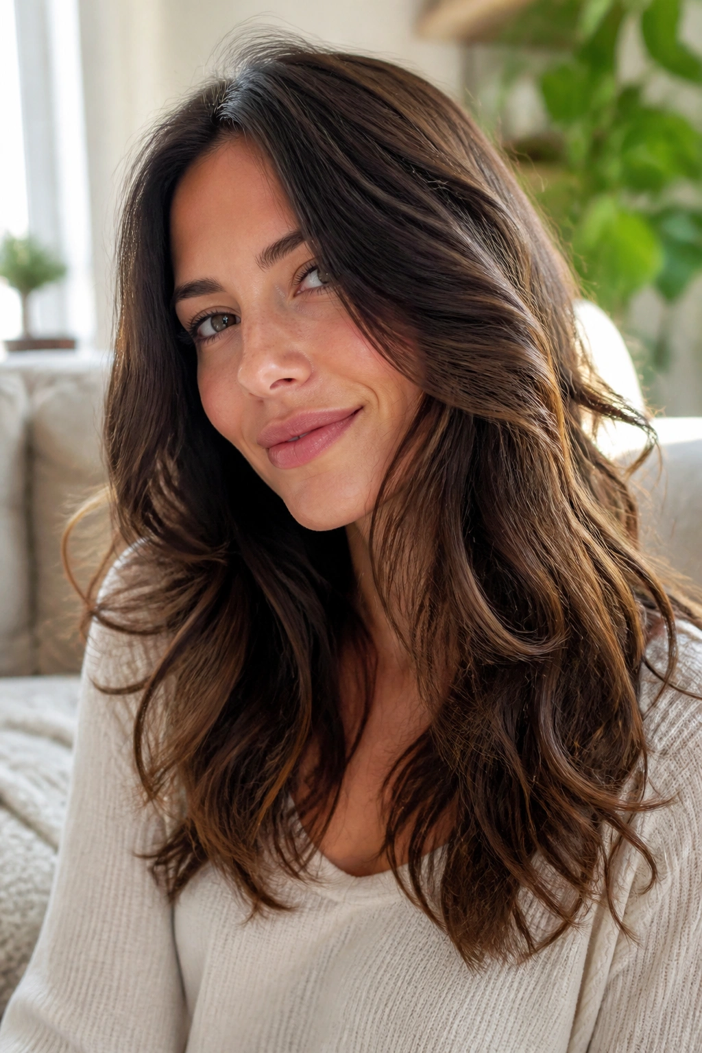 Close-up of a woman with long layered wavy hair framing the chin and collarbone