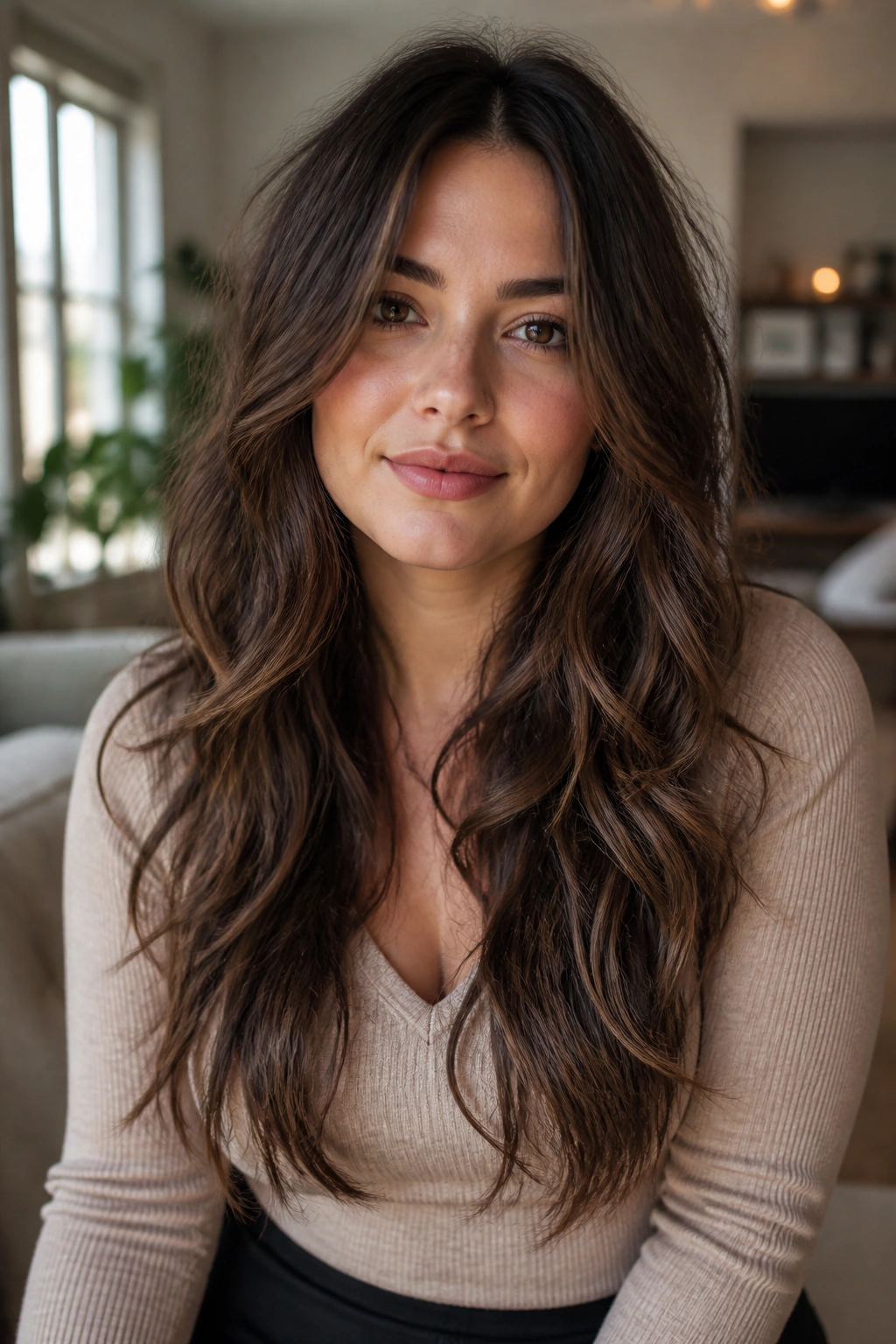 Close-up of a real woman with long layered wavy hair to elongate a round face in warm window light