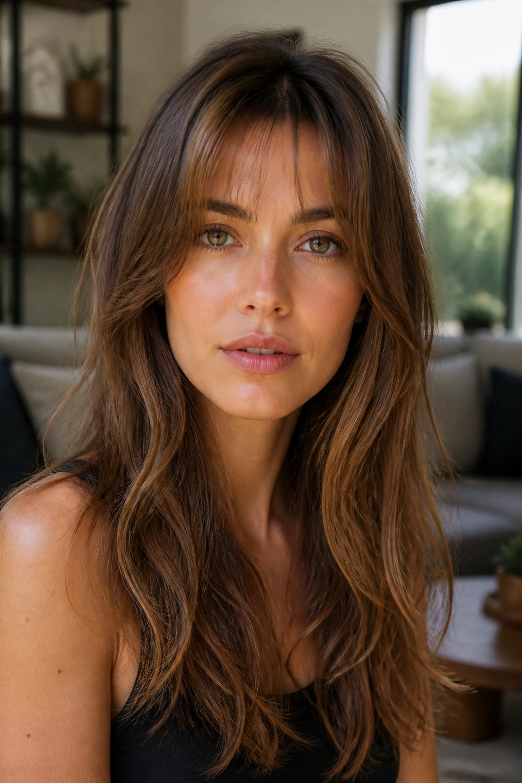 Close-up of a real woman with long layers and a whisper fringe in a cozy living room