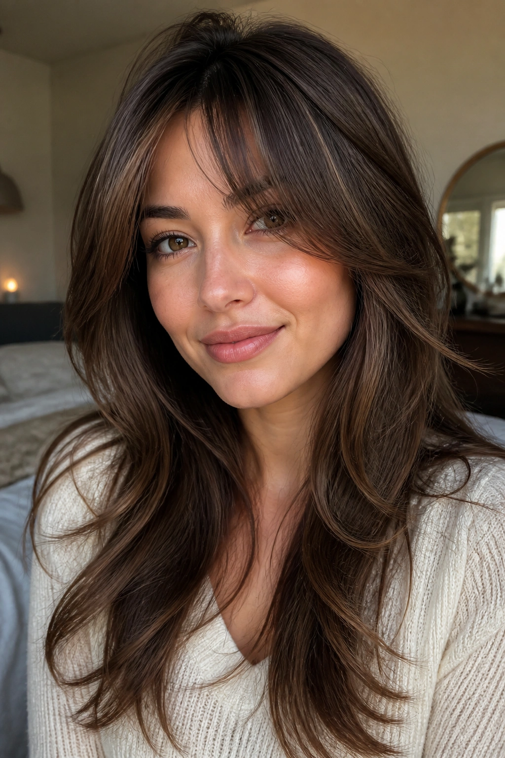 Close-up portrait of a real woman with long layered hair and wispy side bangs for round faces.